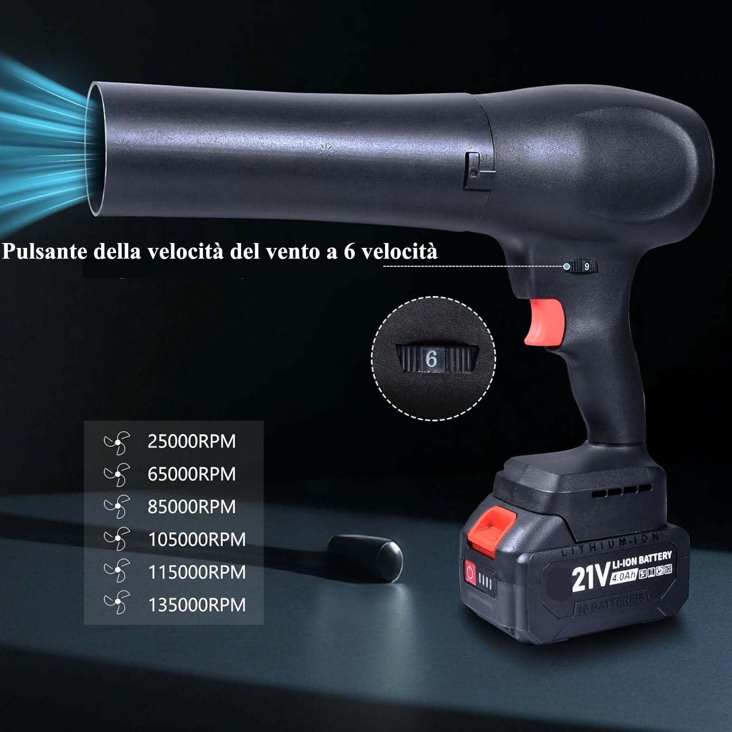 Soffiatore Turbo Senza Fili con 1 x 4000mAh Batteria, Soffiatore per Foglie Brushless 130.000 Giri/min, Mini Ventilatore a Getto Elettrico per Neve, Polvere, con Ugello Esteso