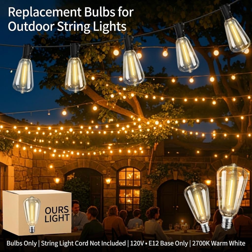 10Pack ST38 LED Outdoor String Light Replacement Bulbs, 120V ONLY, E12 Base Only 12mm, Shatterproof & Weatherproof Vintage Edison, 2700K Warm White, 7W Equiv. (0.6W Energy Saving)