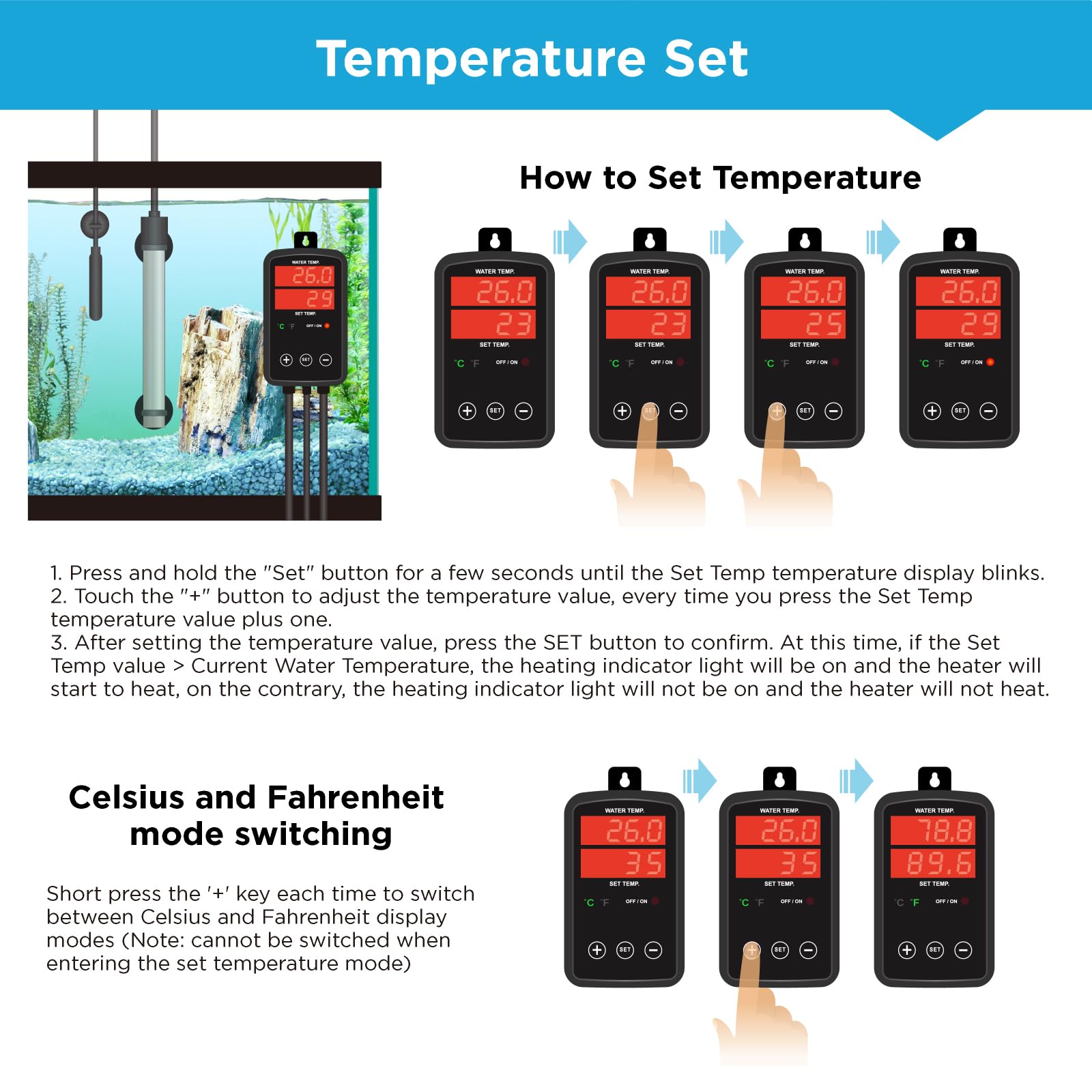 Titan-Aquarium-Heizung, 800 W, tauchfähiger Aquariumheizstrahler mit Digitalanzeige, Temperaturregler, 0 ℃ - 40 ℃ einstellbar, schnelle Erwärmung für 100 ~ 150 Gallen, Salzwasser, Süßwasser-Fischtank