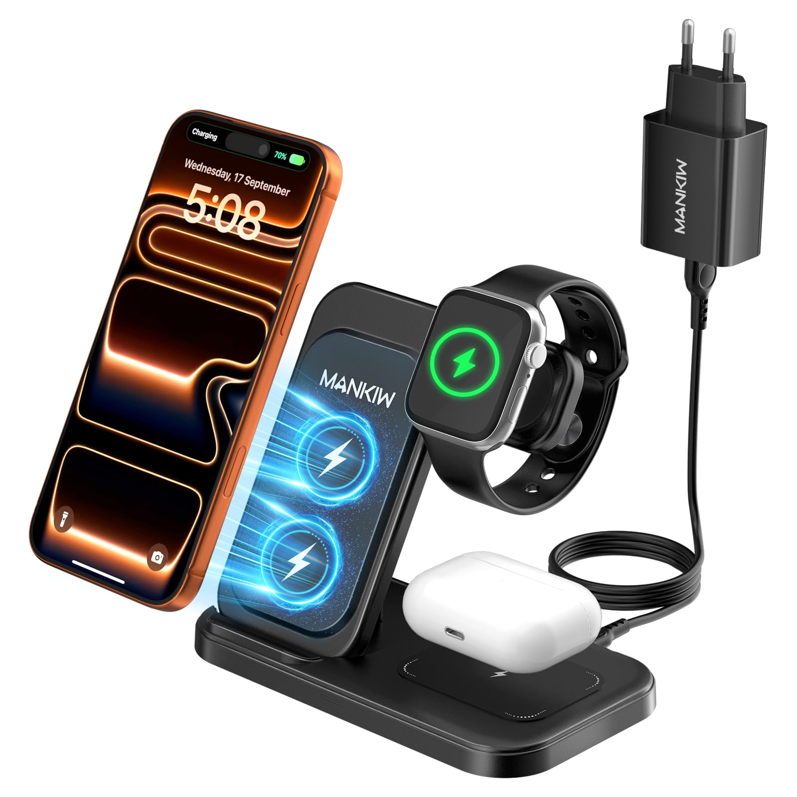 MANKIW Caricatore Wireless 3 in 1 per Apple, Stazione Ricarica per iPhone Air/17/16/15/14/13/12/11 Serie, Compatibile con Watch Ultra/11-2 e AirPods Pro 3/2/4