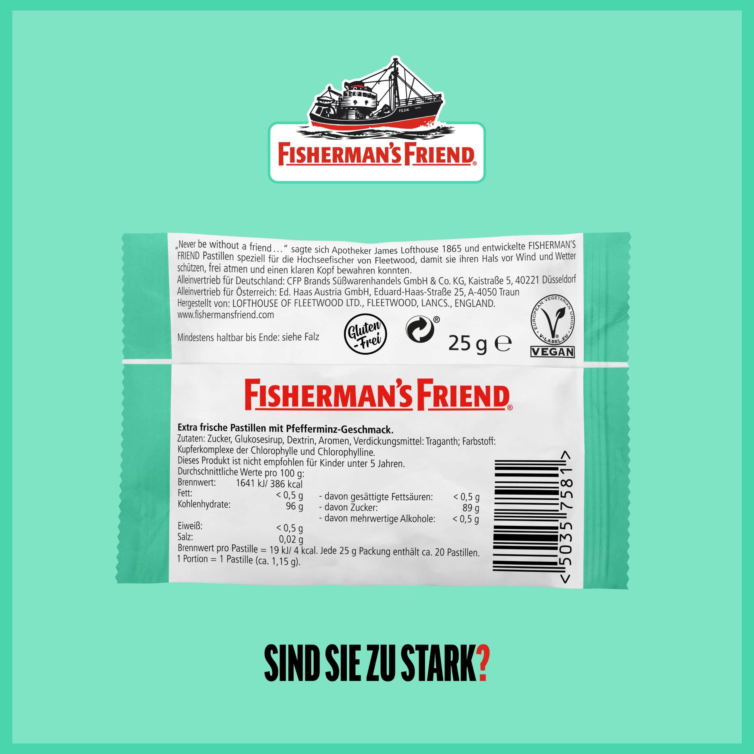 Fisherman's Friend Mint, 24er Vorratsbox, Pfefferminze und Menthol Geschmack, mit Zucker & vegan, Bonbons für frischen Atem, 24 x 25g