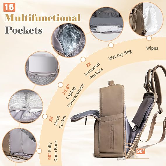 Diaper Bag with Changing Pad Baby Bag for Mom Lightweight Versatile Travel Backpack,15 Pocket,2 Insulated Pockets,Baby Shower Essentials,Brown