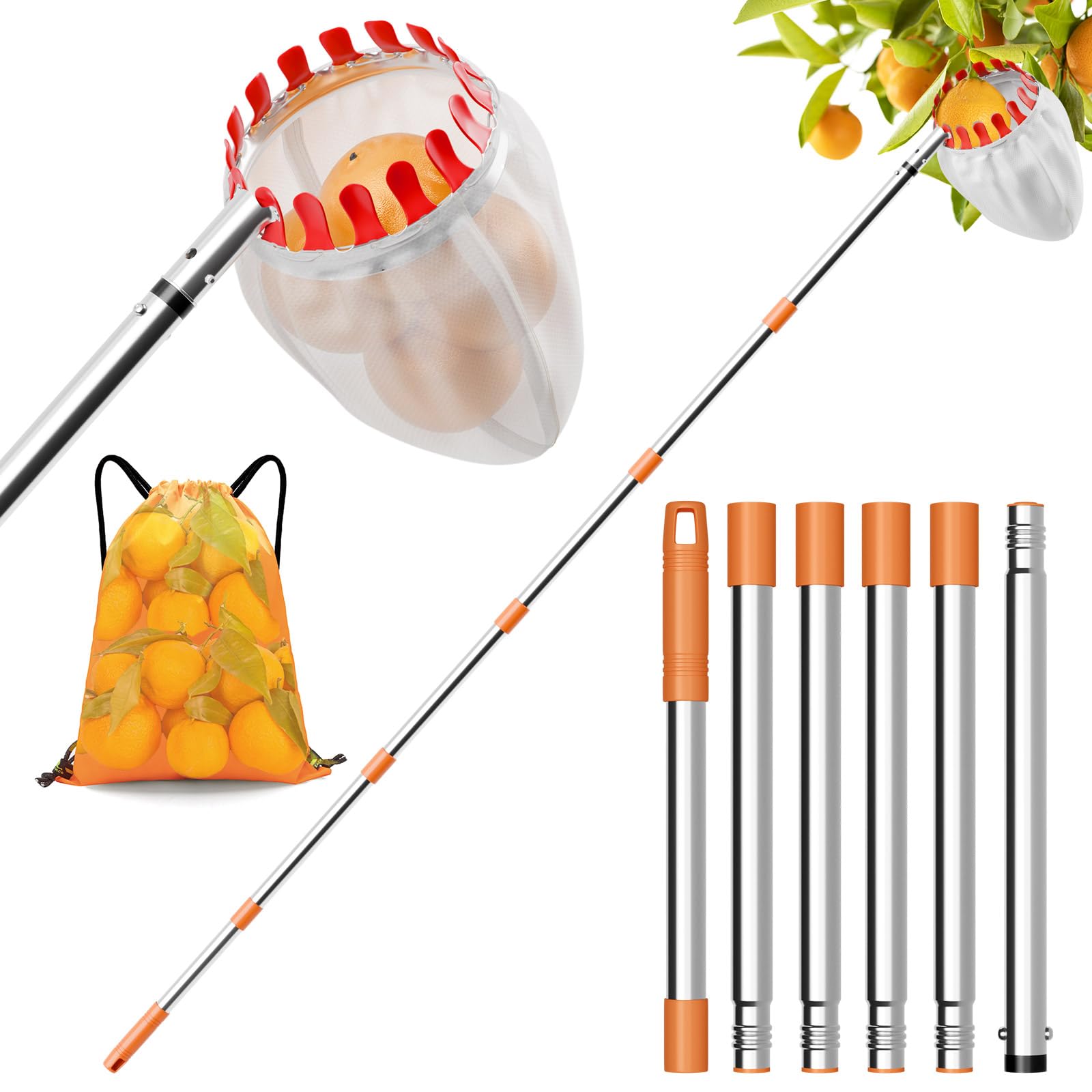 Fruit Picker Tool with 1.9M Telescopic Stainless Steel Pole,Fruit Plough for Cherry Diameter 16 cm with Storage Bag