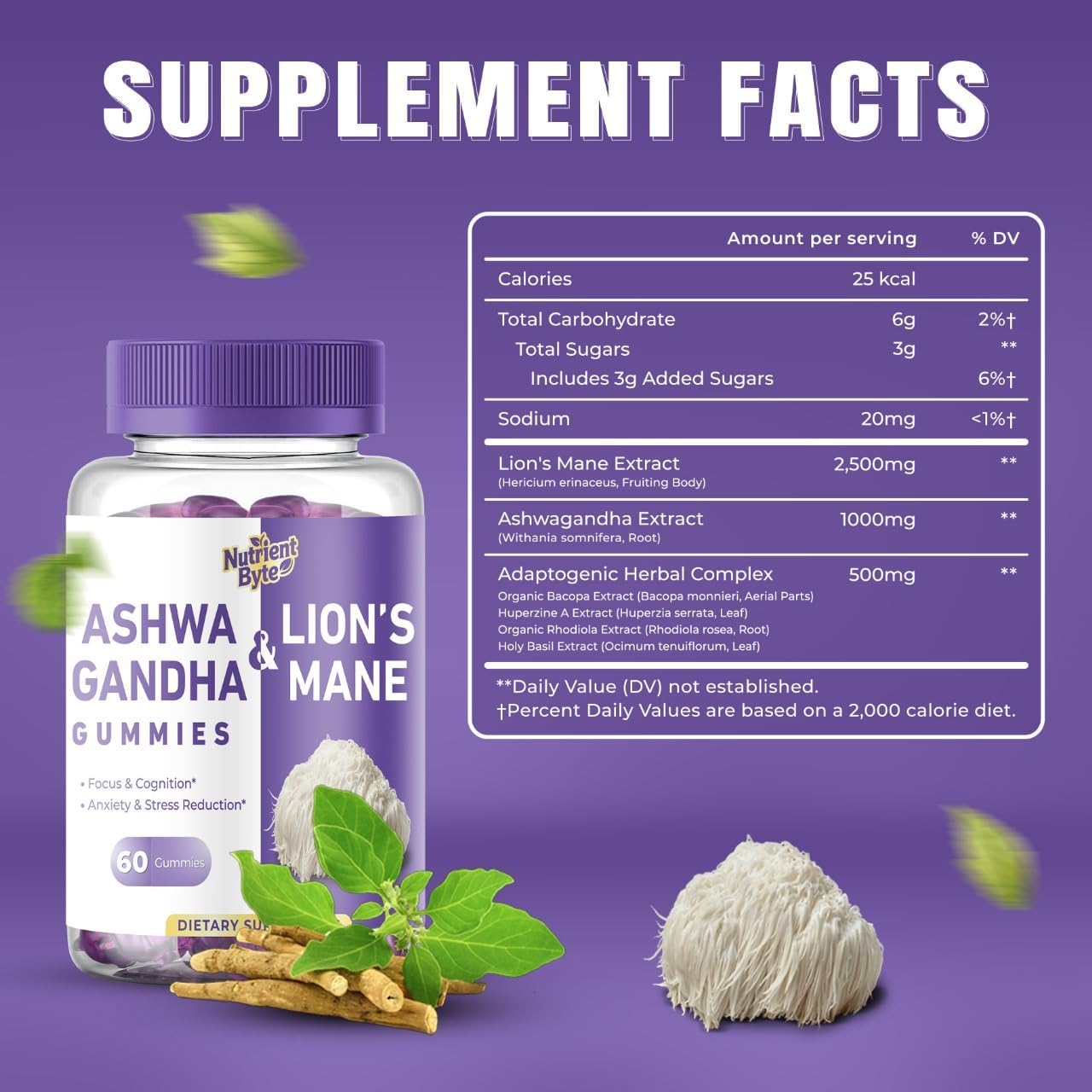 Lionemane and Asghawanda Gummies – Adaptogenic Mushroom Blend with Rhodiola, Bacopa & Holy Basil – Brain, Mood & Immune Support for Adults – Cortisol & Stress Relief, Vegan – 60 Gummies