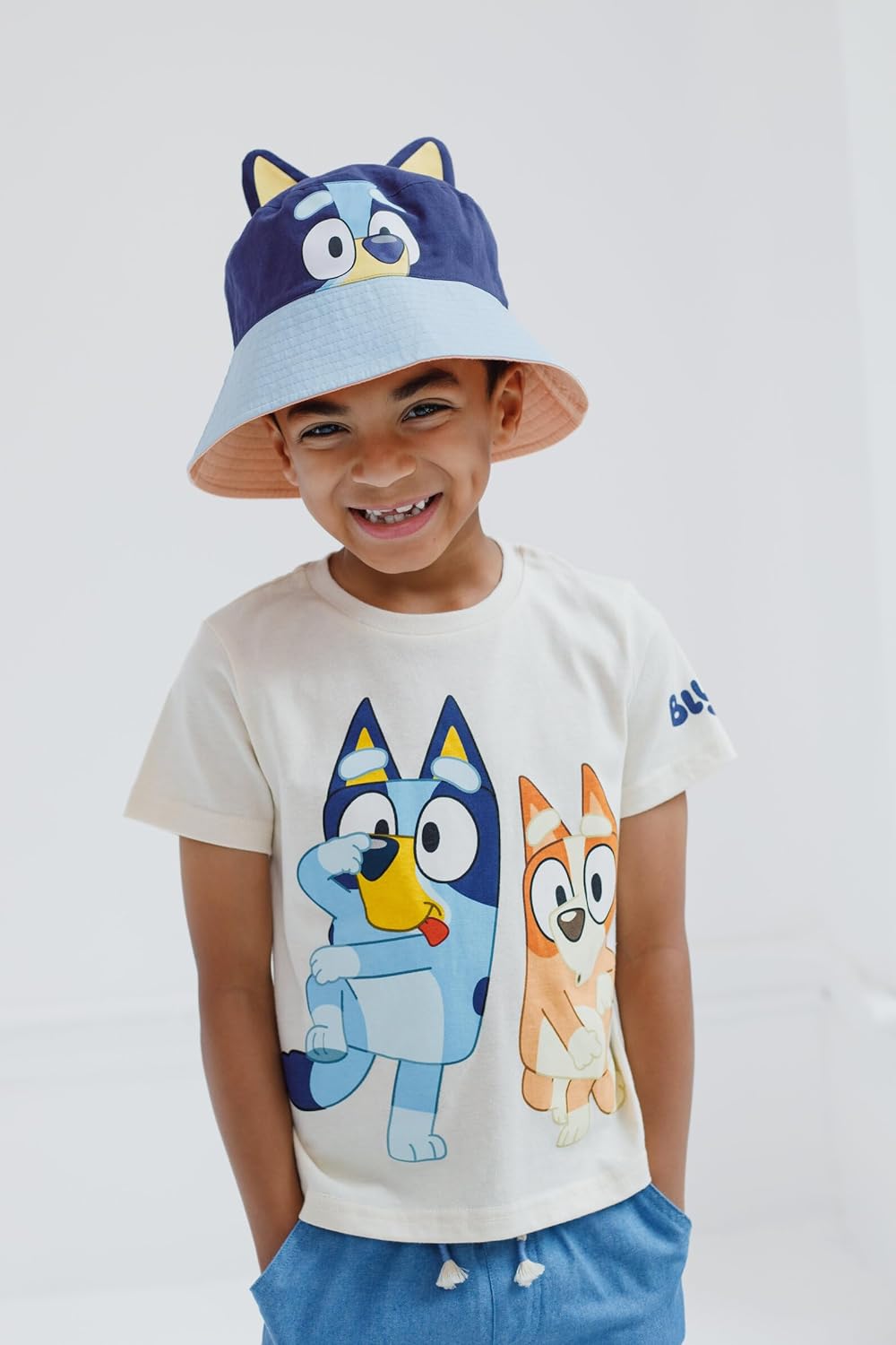 Bluey T-Shirt Chambray Shorts and Twill Bucket Sun Hat 3 Piece Outfit Set Toddler to Big Kid - Image 4