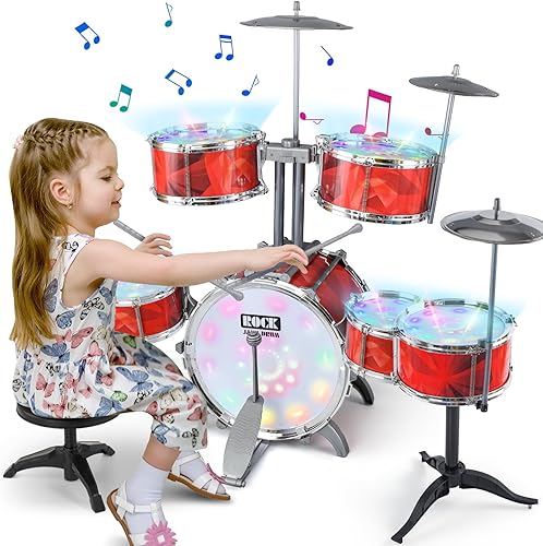 Juego de batería para niños de 3 a 5 a 7 años (17 piezas), juguetes musicales para niñas, regalo de cumpleaños y Navidad para niñas, kit de batería