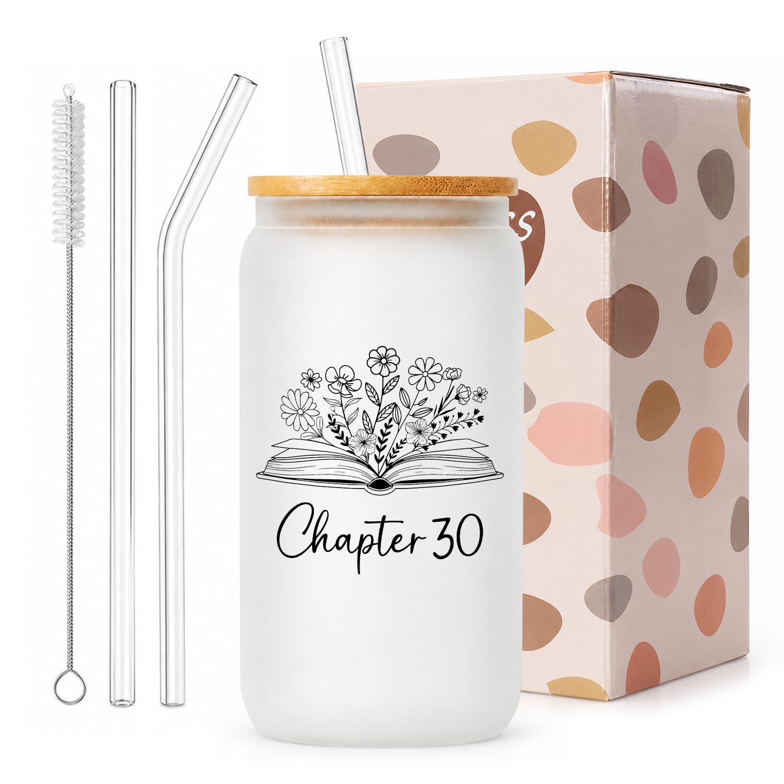 exylosluxek 30th Birthday Gifts for Women, Chapter 30 Themed Frosted Glass Tumbler 30th Cup, with Straws, Lid, Brush and Gift Box
