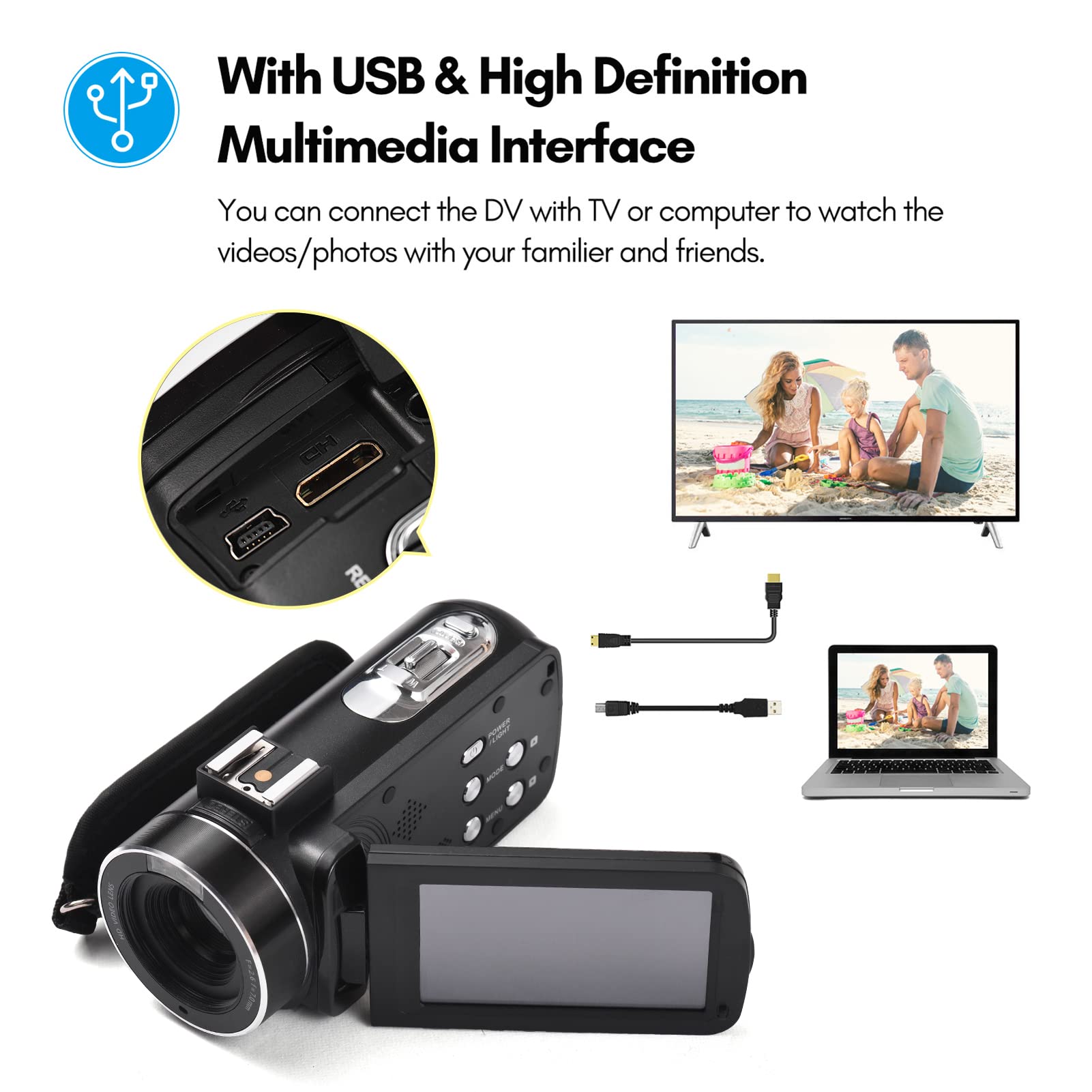 Andoer Videocamera digitale 2.7K Videocamera Registratore DV 48MP Zoom digitale 16X Pannello tattile IPS da 3,0 pollici Supporta Face Detection Beauty Face Smile Capture Anti-shake
