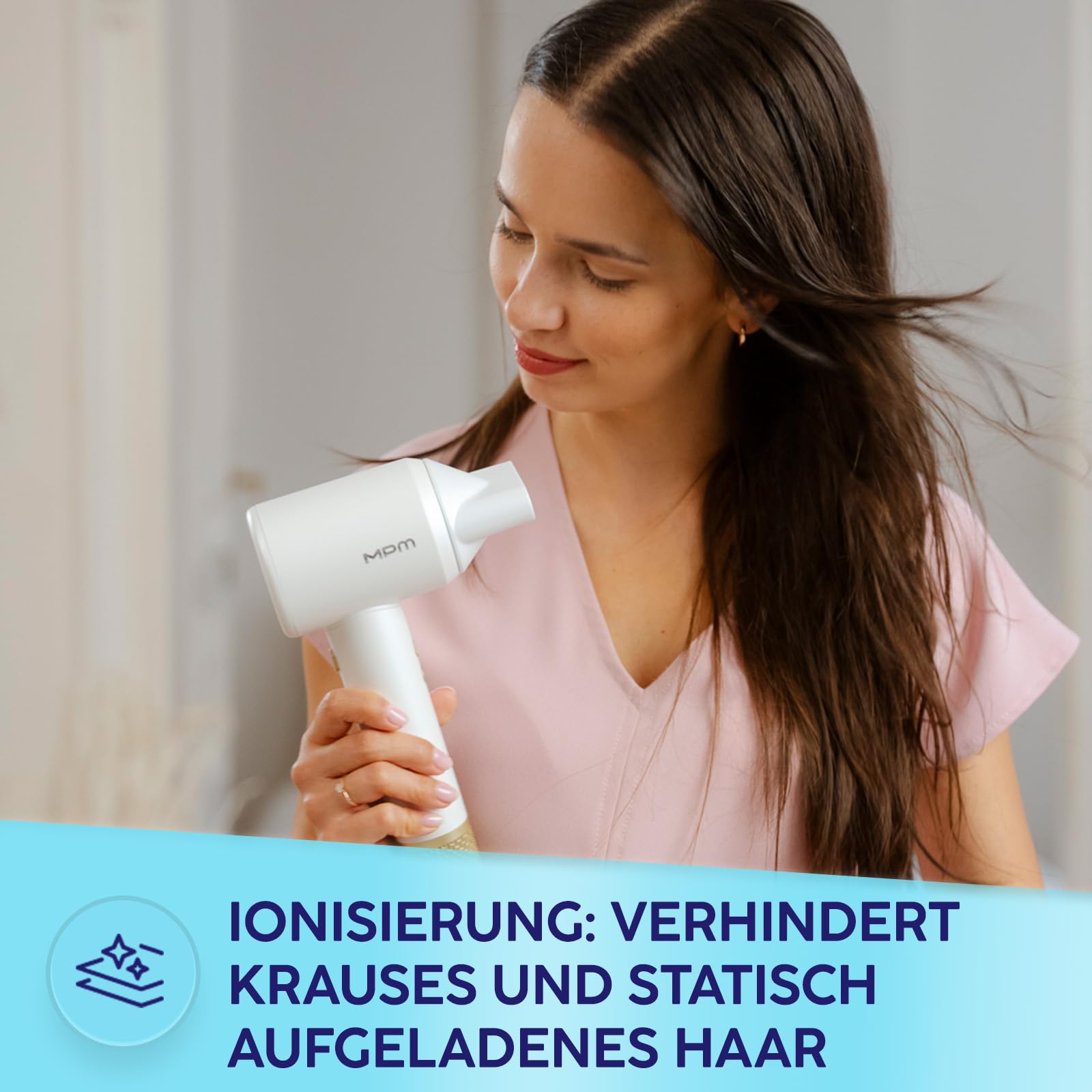 MPM Ionen Haartrockner 1500W - Haarföhn mit 3 Temperaturstufen und 3 Gebläsestufen, Magnetische Stylingdüse - Schnelltrockner Föhn mit Diffusor für glänzendes und glattes Haar - Weiß