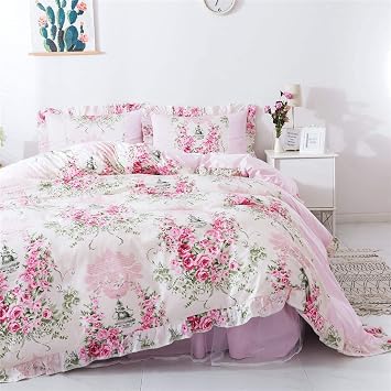 FADFAY Home Textile Pink Rose Floral Print Duvet Cover Bedding Set for Girls 4 Pieces Full Size