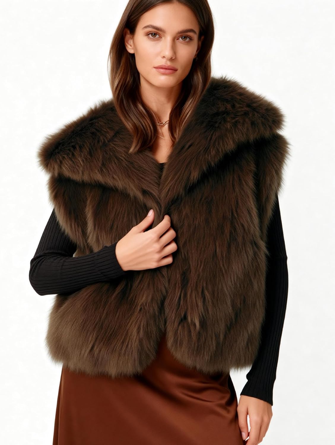 Flygo Womens Faux Fur Vest Fuzzy Lapel Collar Sleeveless Jackets Winter Warm Fluffy Open Front Shaggy Outerwear Vests - Image 2