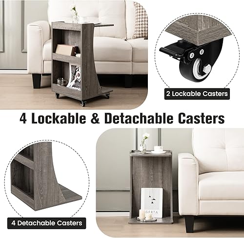 Miniatura 4 de Giantex Mesa auxiliar en forma de C mesa auxiliar móvil de 2 niveles con estantes de almacenamiento traseros mesita de noche pequeña con ruedas para