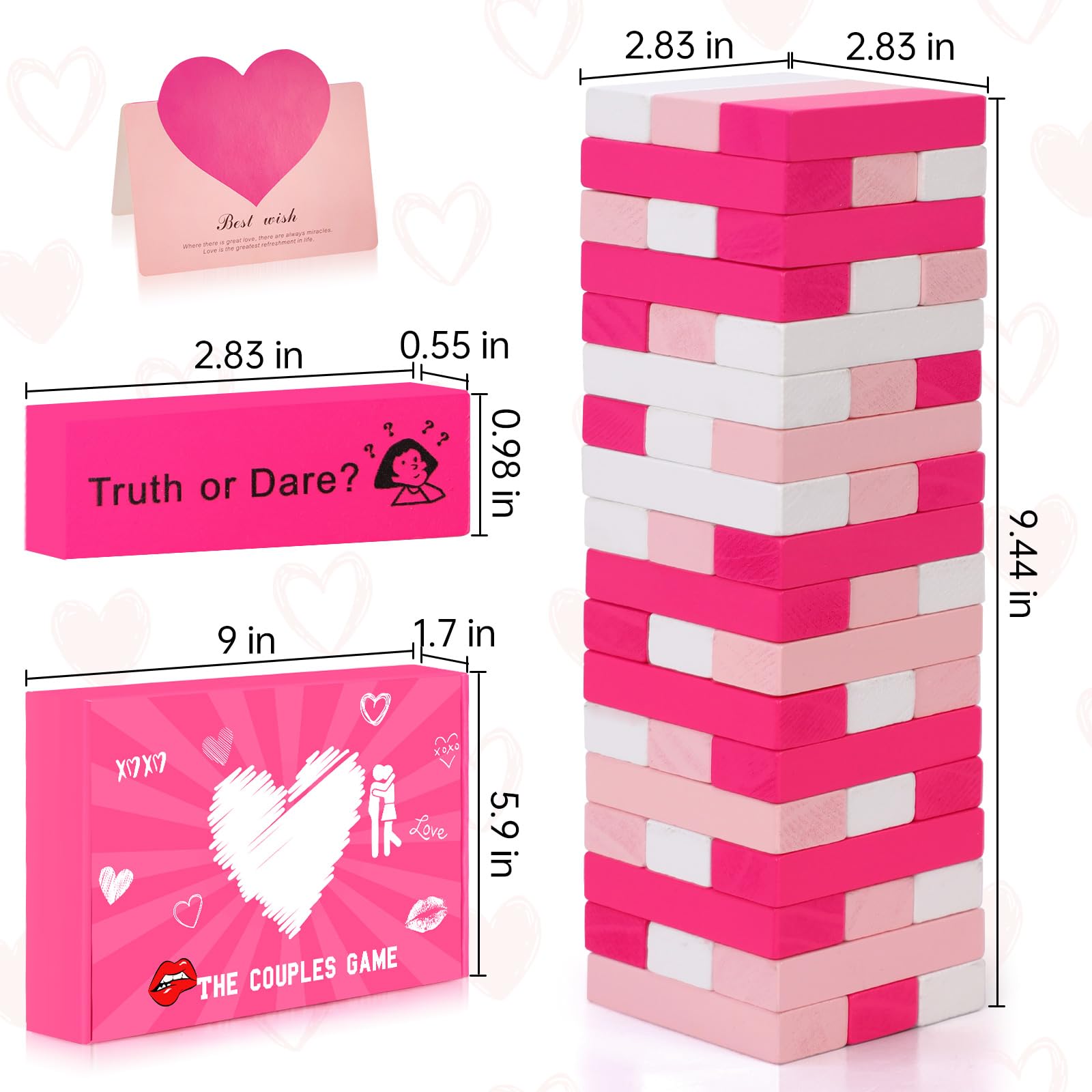 Couples Game for Adults - 54 Pink & White Wooden Blocks with 6 DIY Challenges, Romantic Stacking Tower for Date Night, Valentine Wedding