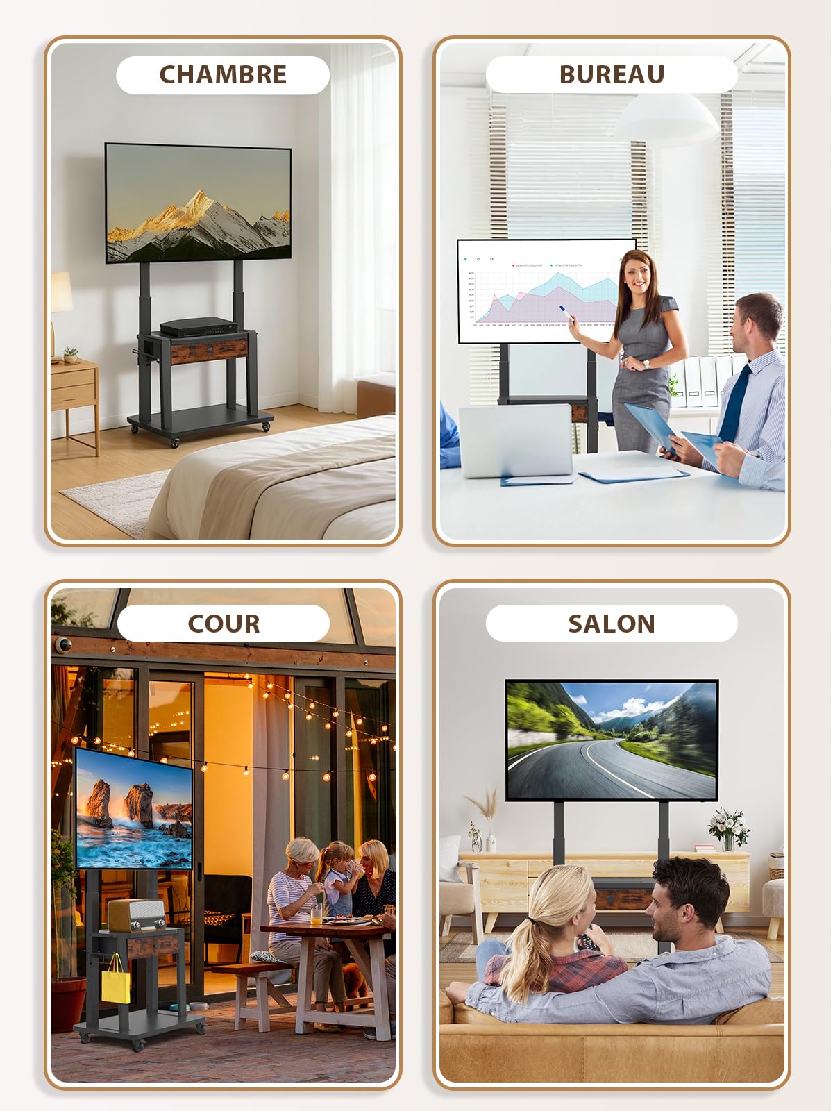 Maiproo Meuble TV sur roulettes avec tiroir en Tissu pour écrans Plats/incurvés de 32 à 75 Pouces, Hauteur réglable, LCD/LED/OLED, avec Espace de Rangement, Chariot TV Mobile sur Roues jusqu'à 100 kg