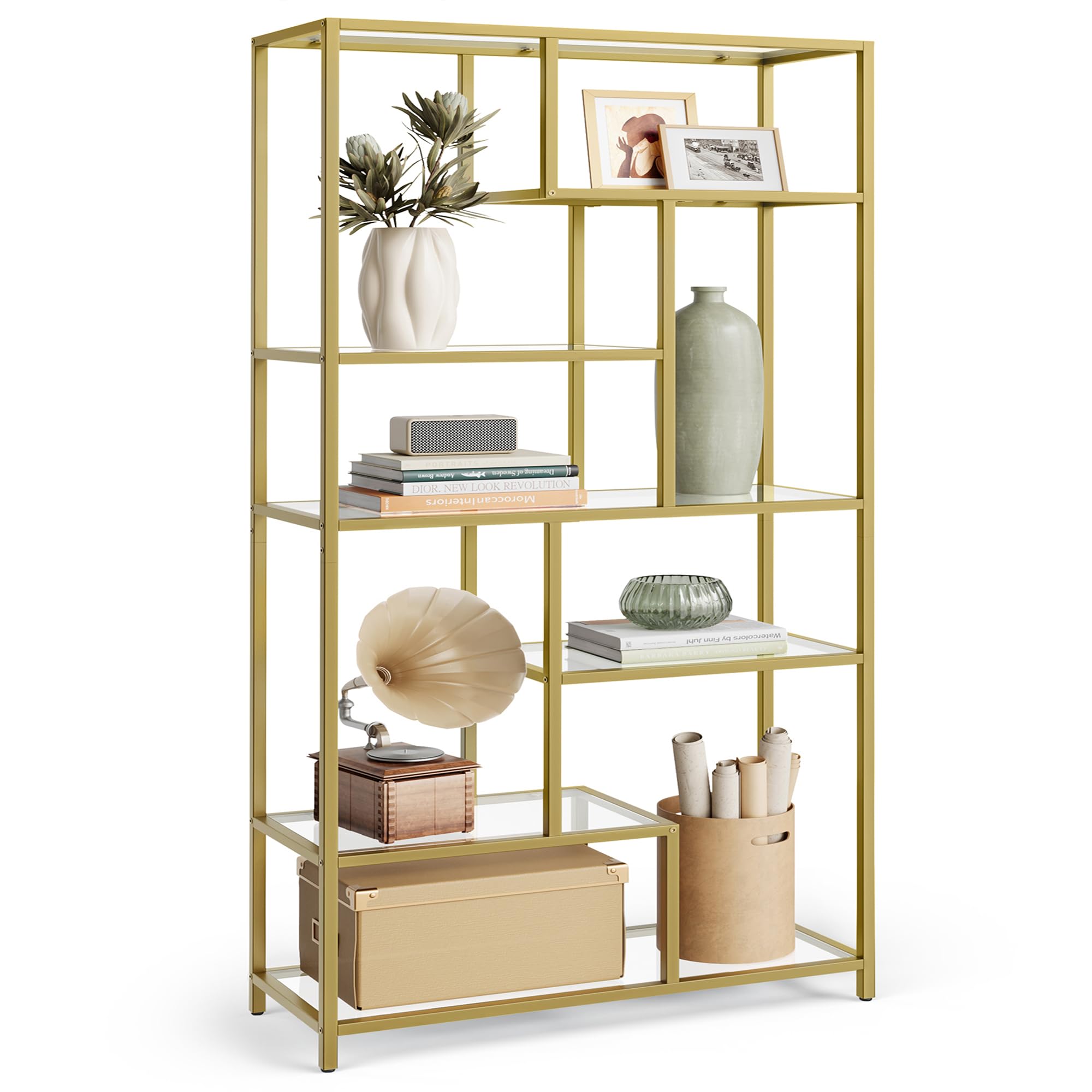 Bookshelf, 6-Tier Tall Bookcase, Display Shelf, Plant Stand, 11.8 x 31.5 x 70.9 Inches, Tempered Glass, for Study, Office, Living Room, Bedroom, Kitchen, Metallic Gold ULGT502A01