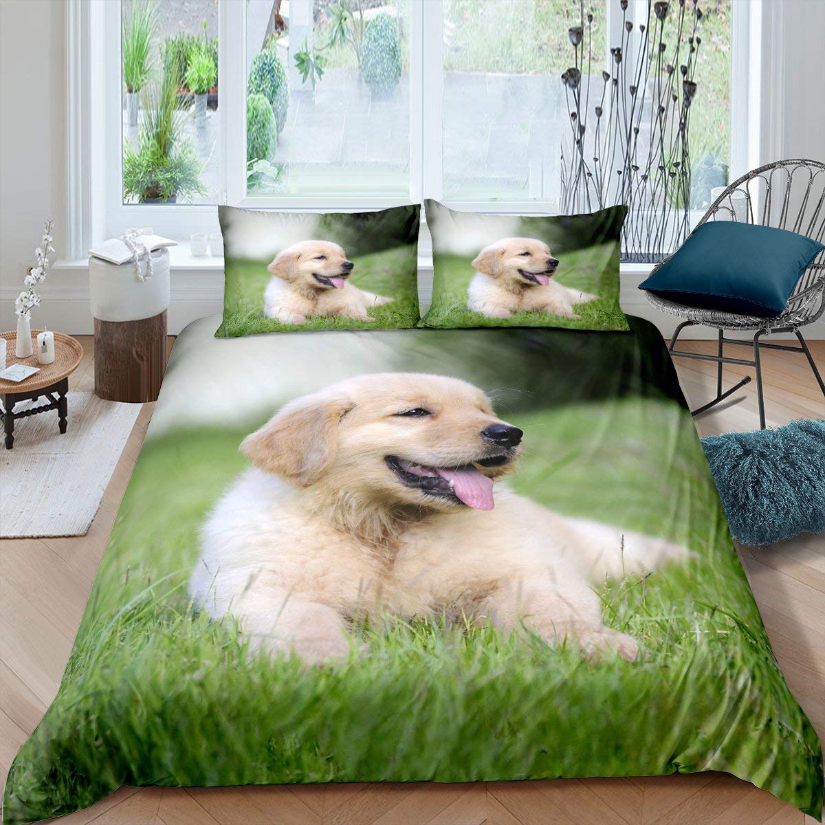 Homewish Golden Retriever Duvet Cover Set, Pet Puppy Dog on The Grass Pattern Print Bedding Set Dog Lover Comforter Cover, Animal Decorative 3 Piece Bedding Set with 2 Pillow Shams, Super King Size — image 1