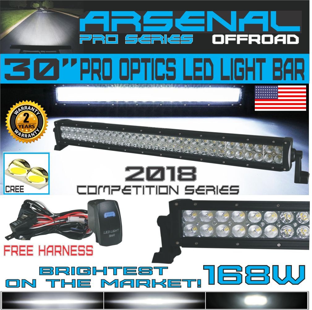 No.1 30.5" Inch Arsenal Pro Series LED Light Bar New Design Flood/Spot Combo Beam CREE 3w LED's 168w 18,000LM Off Road Polaris RZR X4 UTV Trucks Raptor Can Am X3 LED Light Rocker Switch Kit