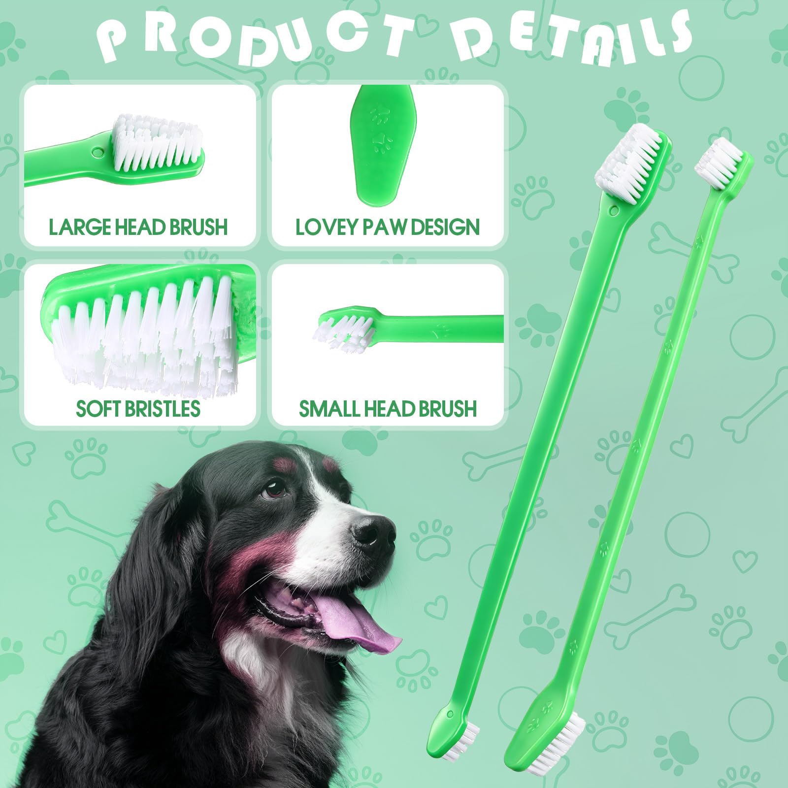 Gerrii 200 cepillos de dientes para perros, cepillo de dientes de doble cabeza para mascotas, mango largo, cerdas suaves, cepillo de dientes de mascotas para perros, gatos y la mayoría de mascotas