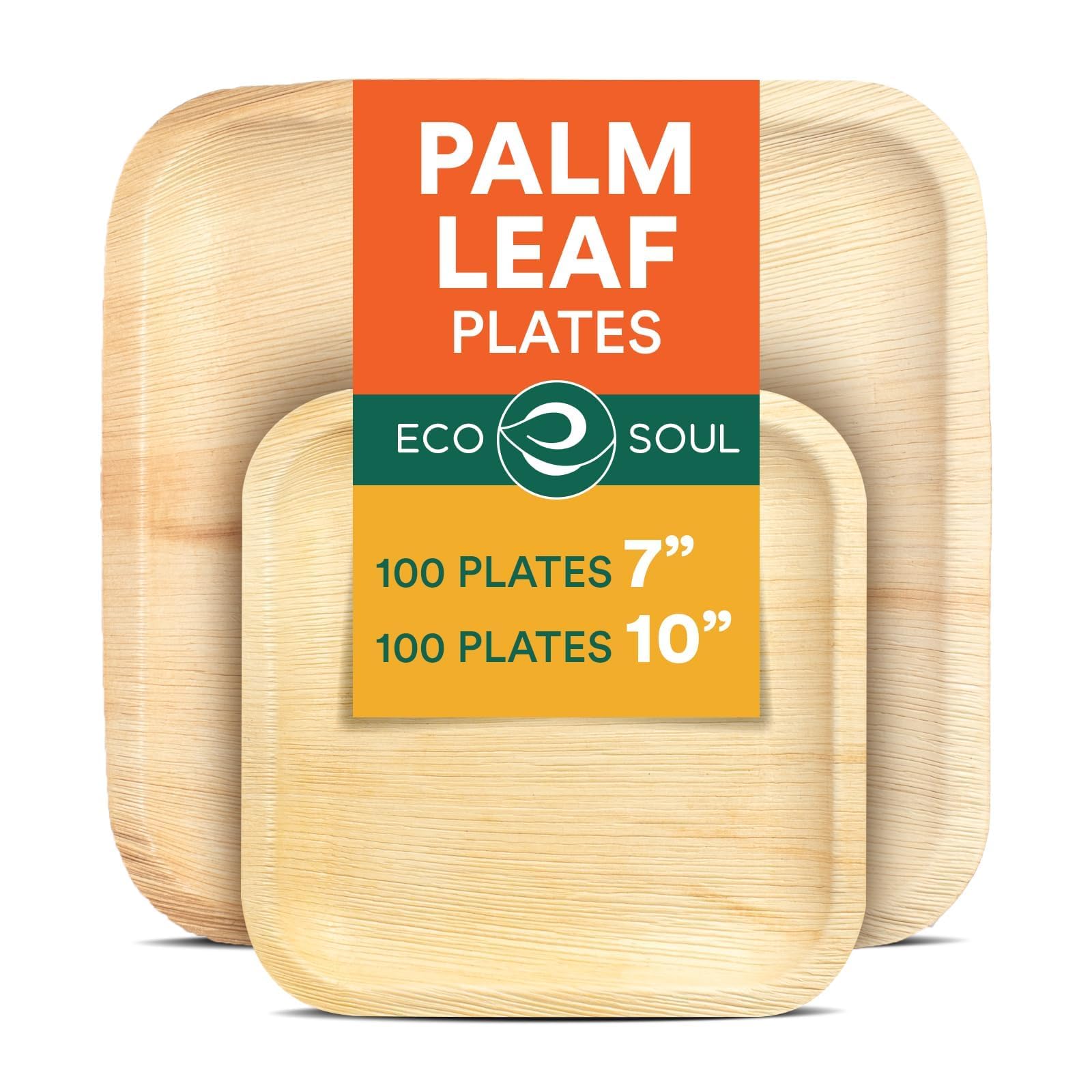 ECO SOULCompostable 7 & 10 Inch Palm Leaf Square Plates (200 Count) Like Bamboo Plates | Biodegradable | Eco-Friendly, Microwave & Oven Safe - Party Pack