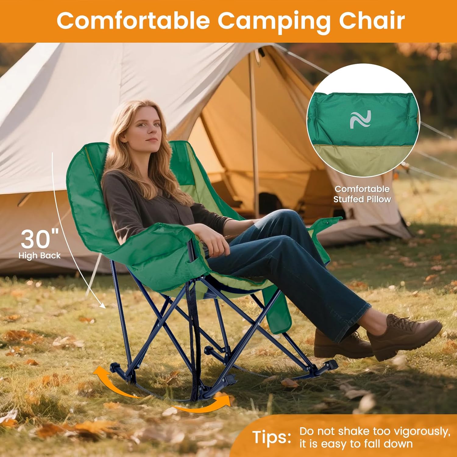 LILYPELLE Oversized Rocking Camping Chair, Fully Padded Patio Chair with Cooler Bag and Side Pocket, High Back Portable Lawn Recliner Rocker Chairs for Camp, Patio, Supports 400 lbs