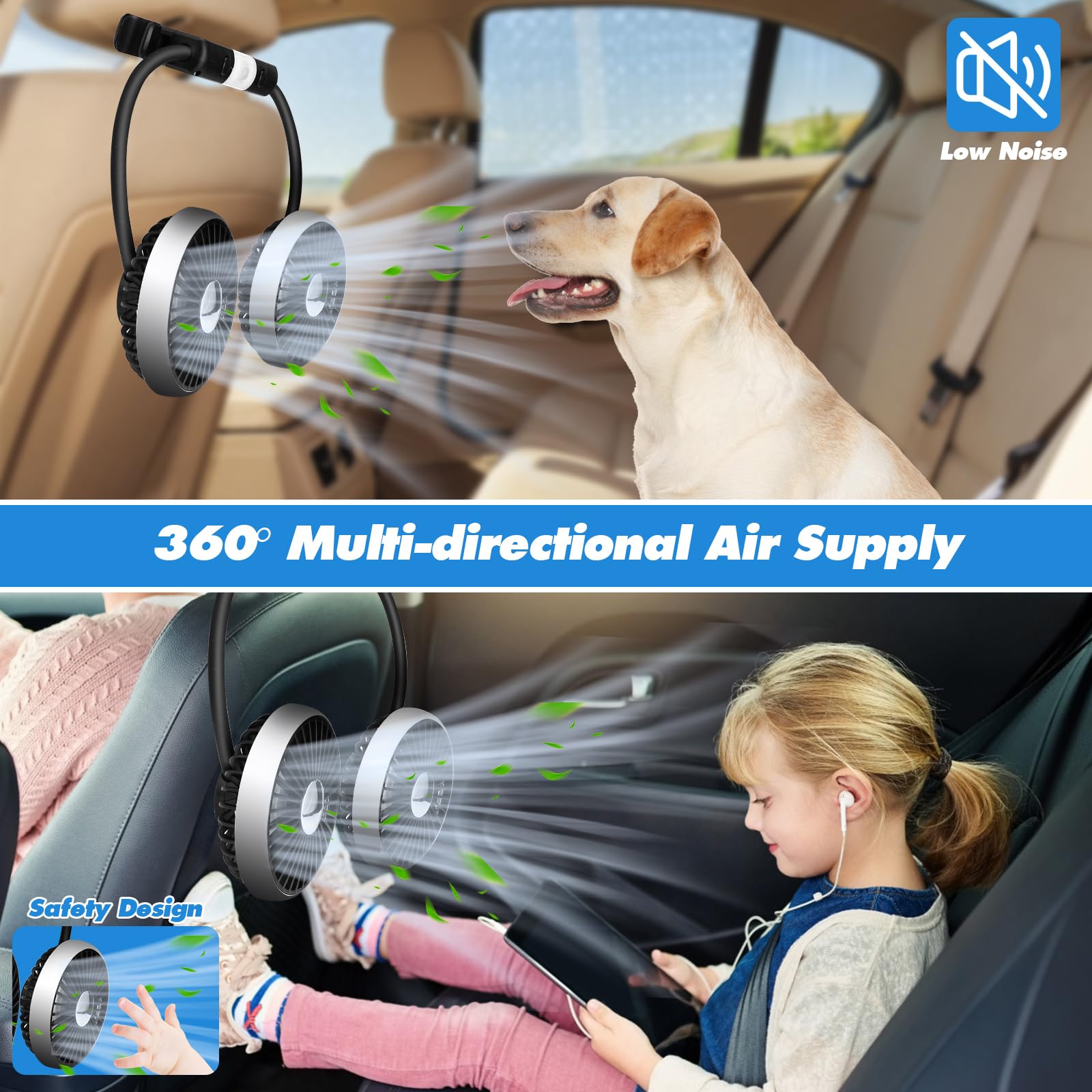 Ventilateur de voiture pour Banquette Arrière Ventilateur USB à Double Tête, 3 vitesses et rotation à 360° Ventilateur de refroidissement Automatique de Voiture, s pour camion SUV RV