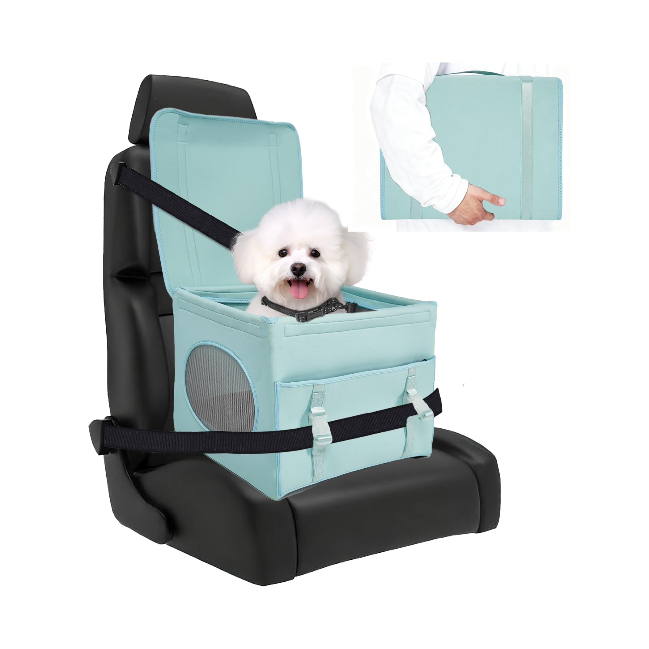 Dog Travel Seat, Pet Booster Seat for Small Dogs with Safety Tether Leash, Machine Washable, Durable and Keeps Shape, Breathable Mesh Sides, Storage Pocket in Front, Fits Car Truck SUV, Green