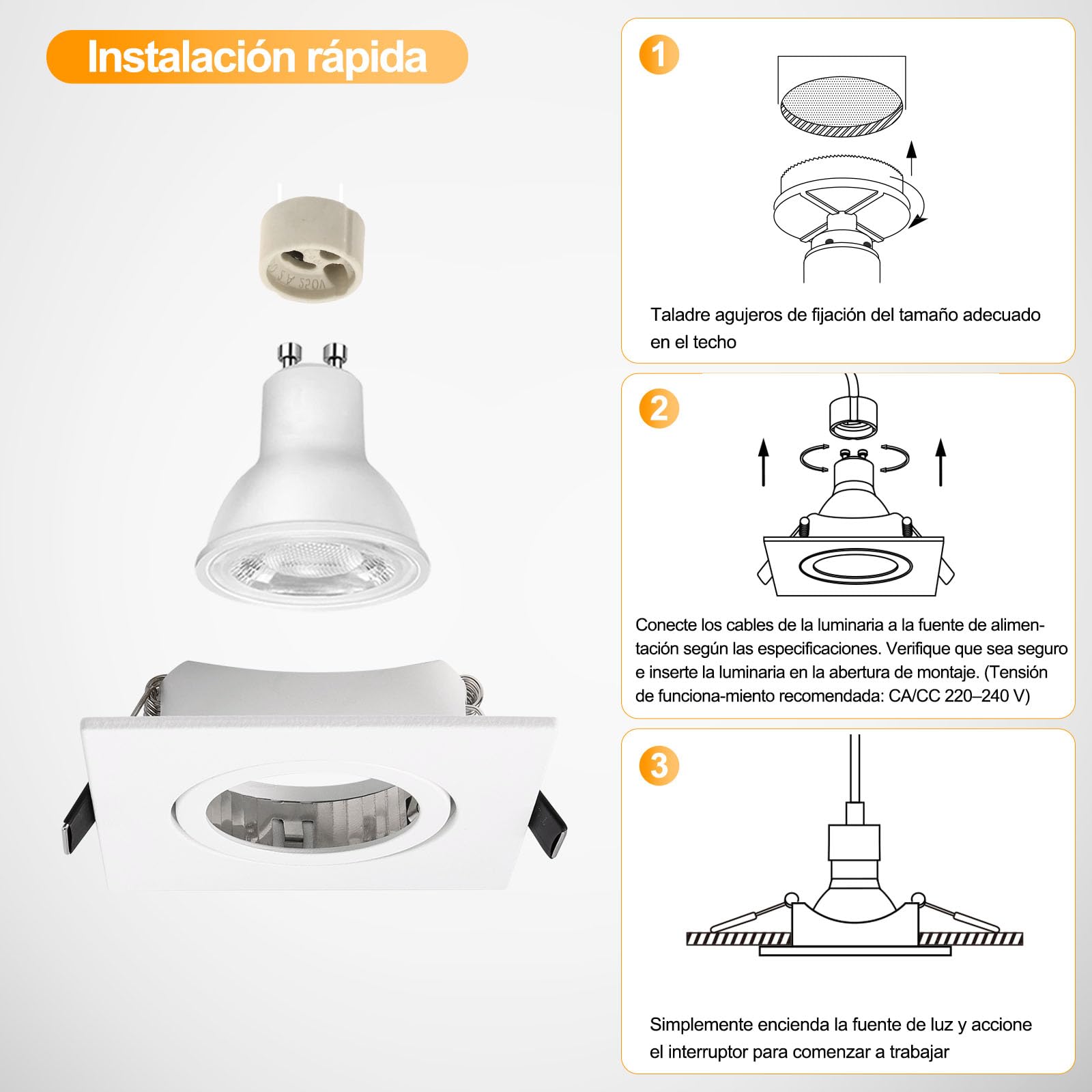 KYOTECH Juego de 6 focos empotrables con marco GU10, color blanco, orientable, cuadrado, incluye portalámparas GU10 para bombillas halógenas, módulo LED MR16
