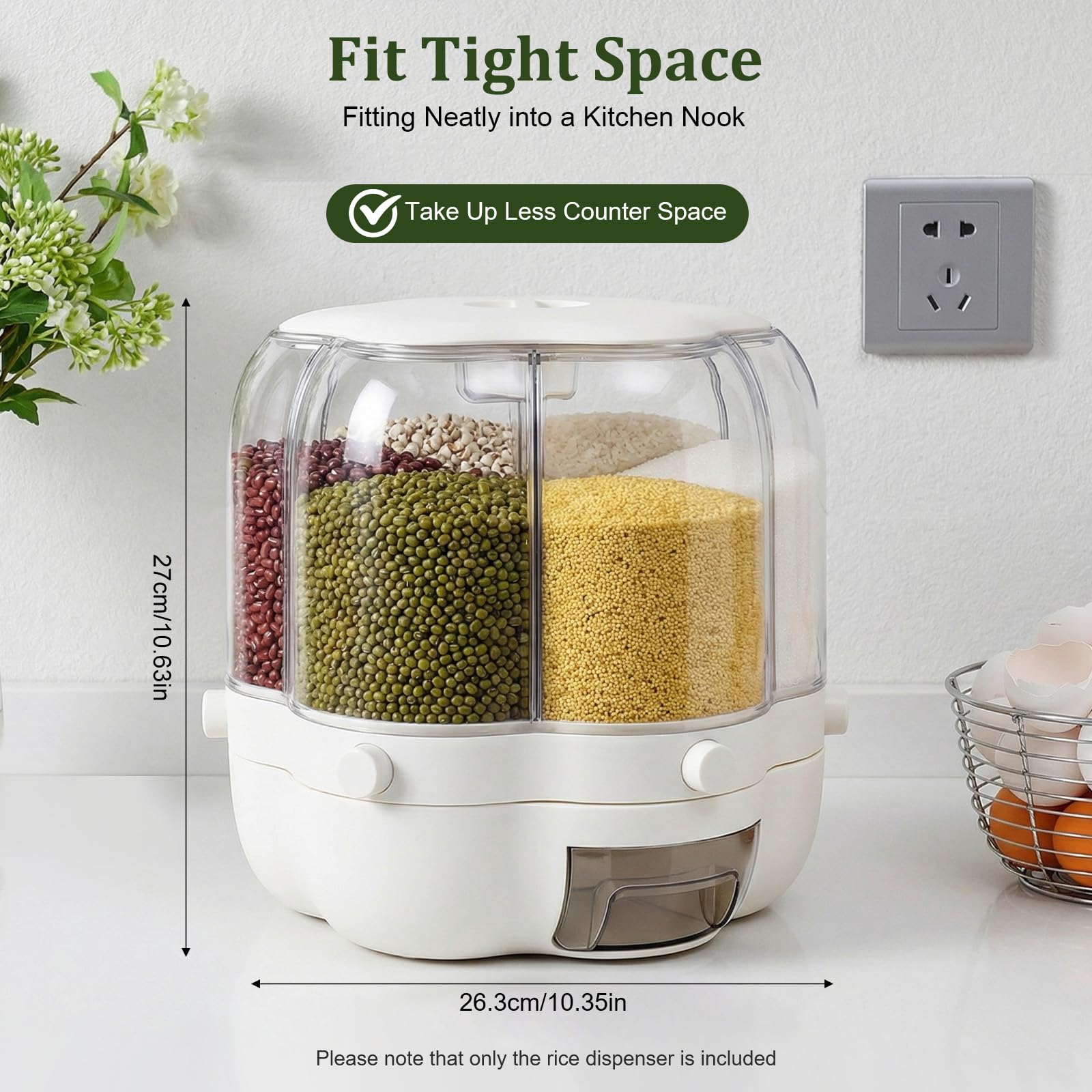Distributeur de céréales, distributeur de riz rotatif, 6 compartiments, distributeur de céréales rotatif à 360°, pour stocker les aliments secs, récipient à céréales, distributeur de riz, pour tous