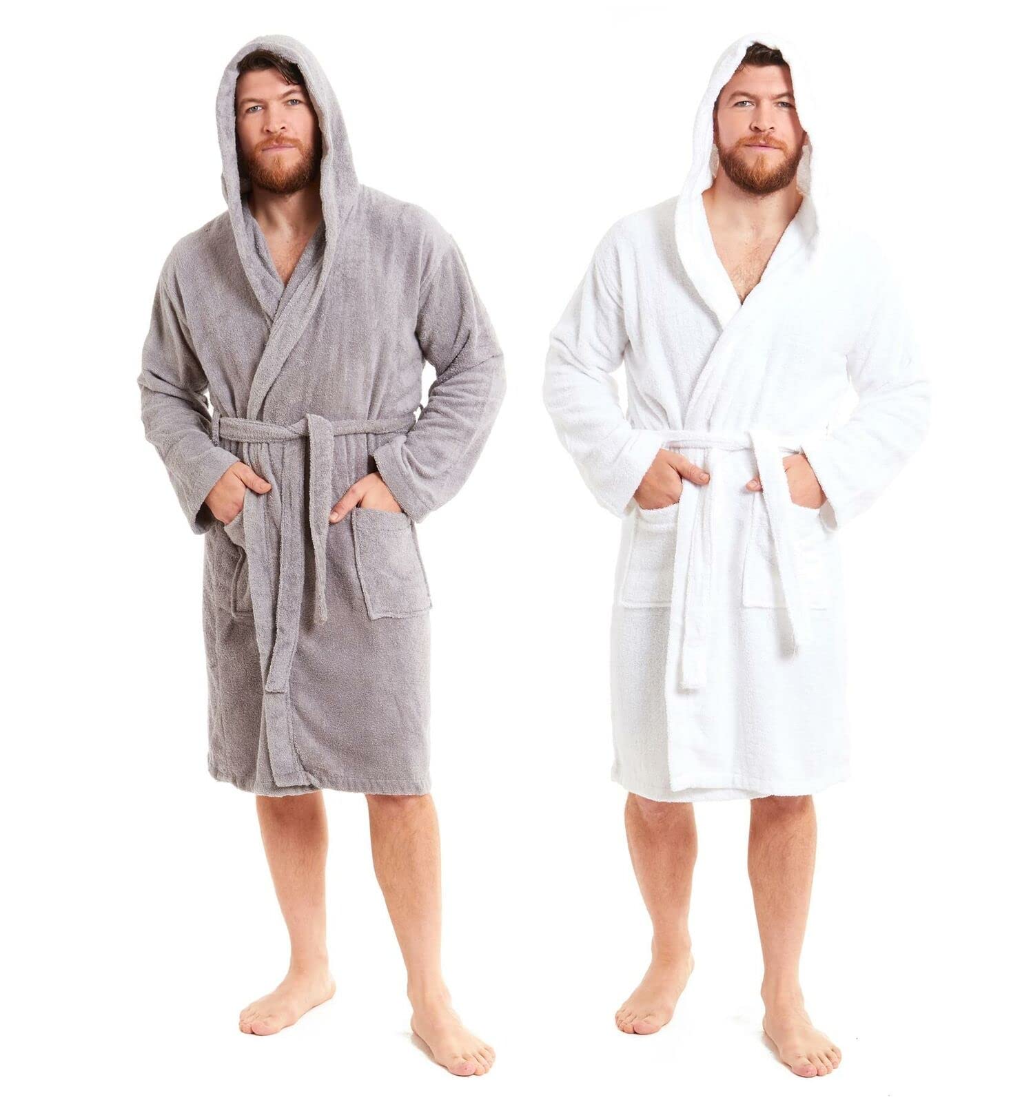Toro Rocco Mens Bamboo Hooded Dressing Gown Towelling Robe Bath Robes Soft Gowns (L/XL, White)