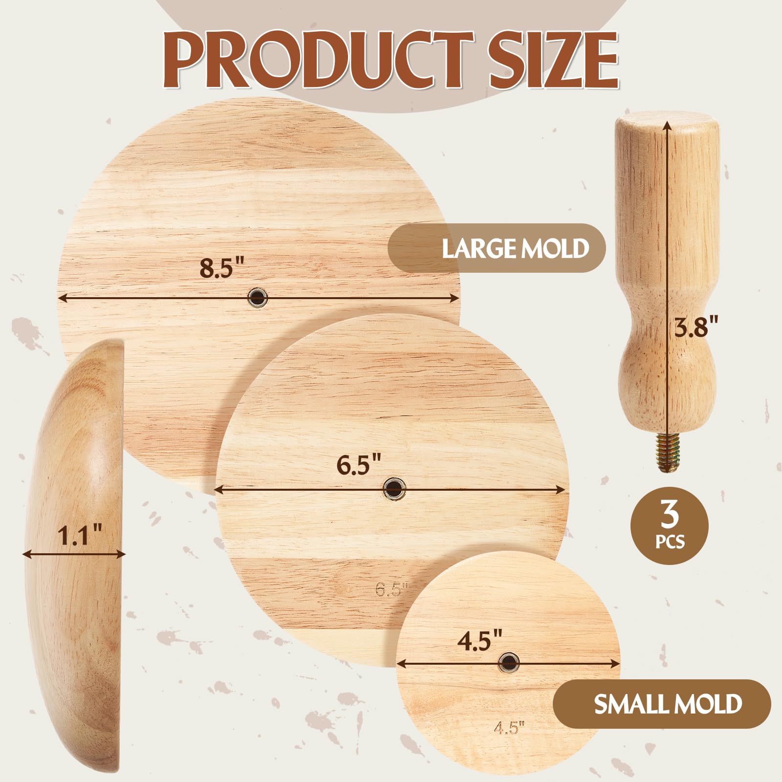 Wenqik Paquete de 3 moldes de cerámica de 4.5 pulgadas, 6.5 pulgadas, 8.5 pulgadas, moldes de yeso de madera con asa, moldes de cerámica para cerámica, formas superiores para cuencos de bricolaje,