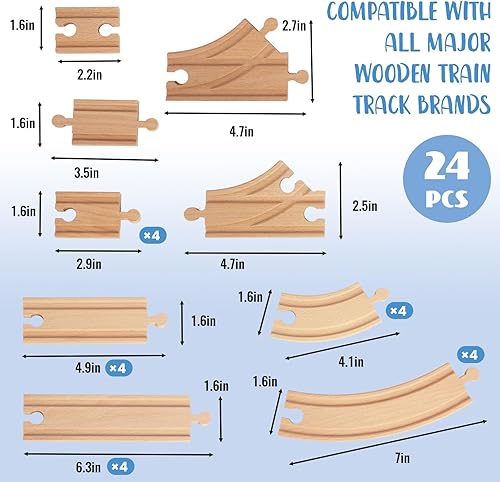 Miniatura 2 de Juego de 24 pistas de tren de madera, expansión de vías y 9 piezas distintas, 100% compatible con todas las principales marcas, incluido el sistema