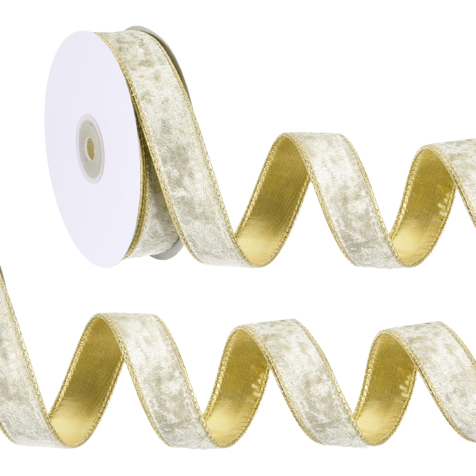 PATIKIL 1 Inch x 10 Yards Velvet Wired Ribbon, Velvety Gold Crushed Ribbons Single Faced Gift Wrapping Binding for Crafts Bow Wreaths Chrismas Tree Decorations, Light Champagne