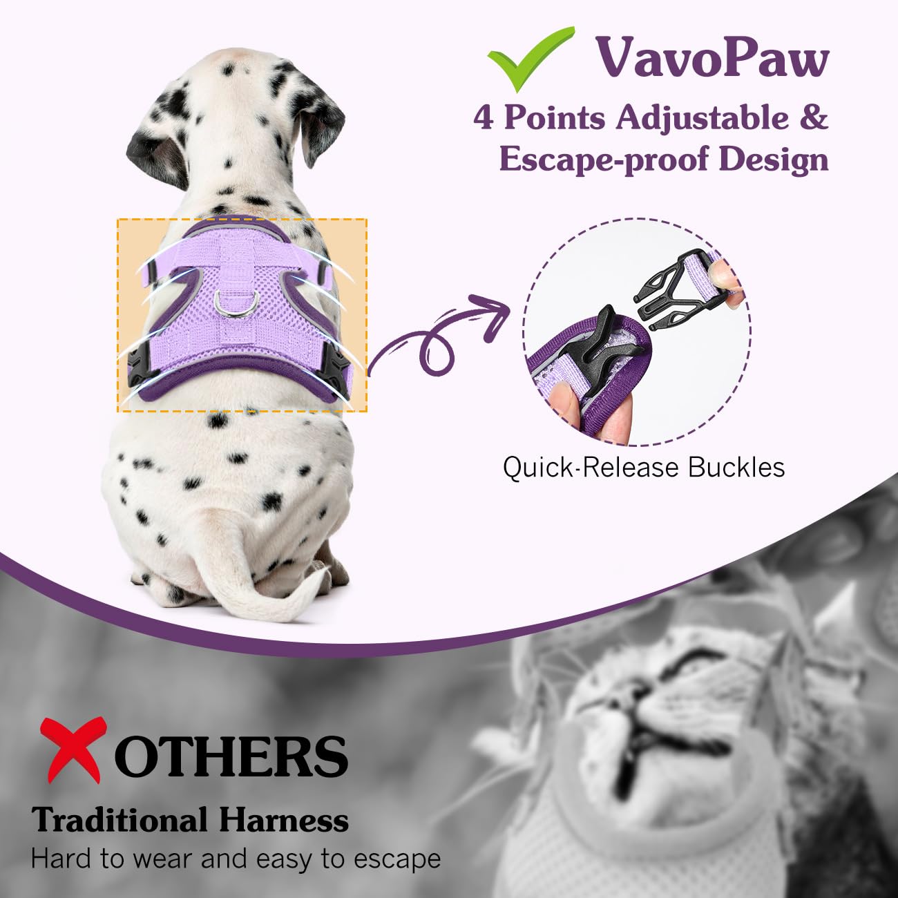 VavoPaw Pettorina per Cani con Guinzaglio da 1,5M, Imbracatura per Gatti Antifuga con Rete Traspirante e Strisce Riflettenti, Gilet Morbido e Regolabile per Cani Gatti, L, Viola Chiaro