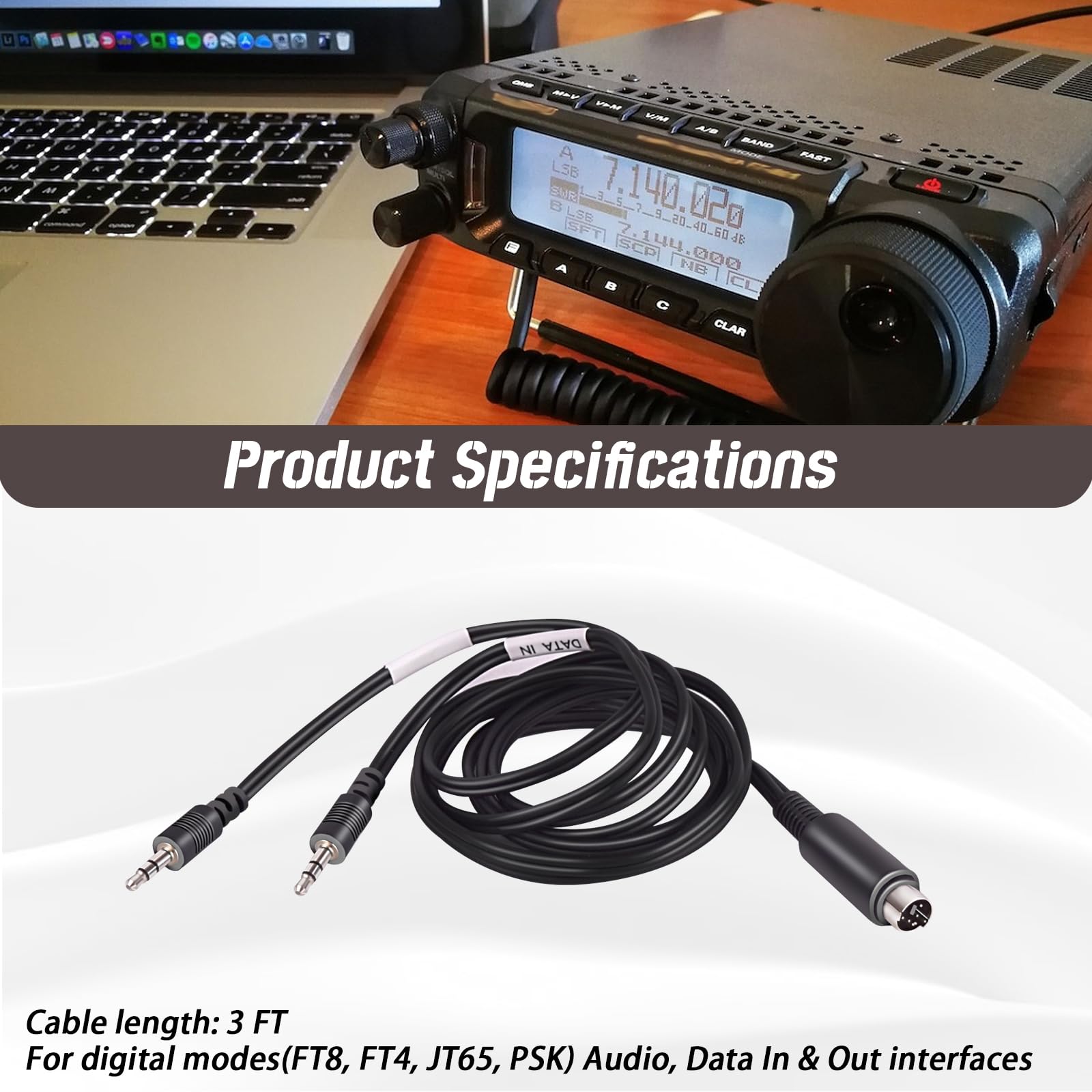 3-stopowy czarny mini DIN męski na 2 x 1/8" (3,5 mm) męski kabel audio/danych do YAESU FT-897, FT-857, FT-891, FT-991, FT-450, FT-900, FT-950 i innych