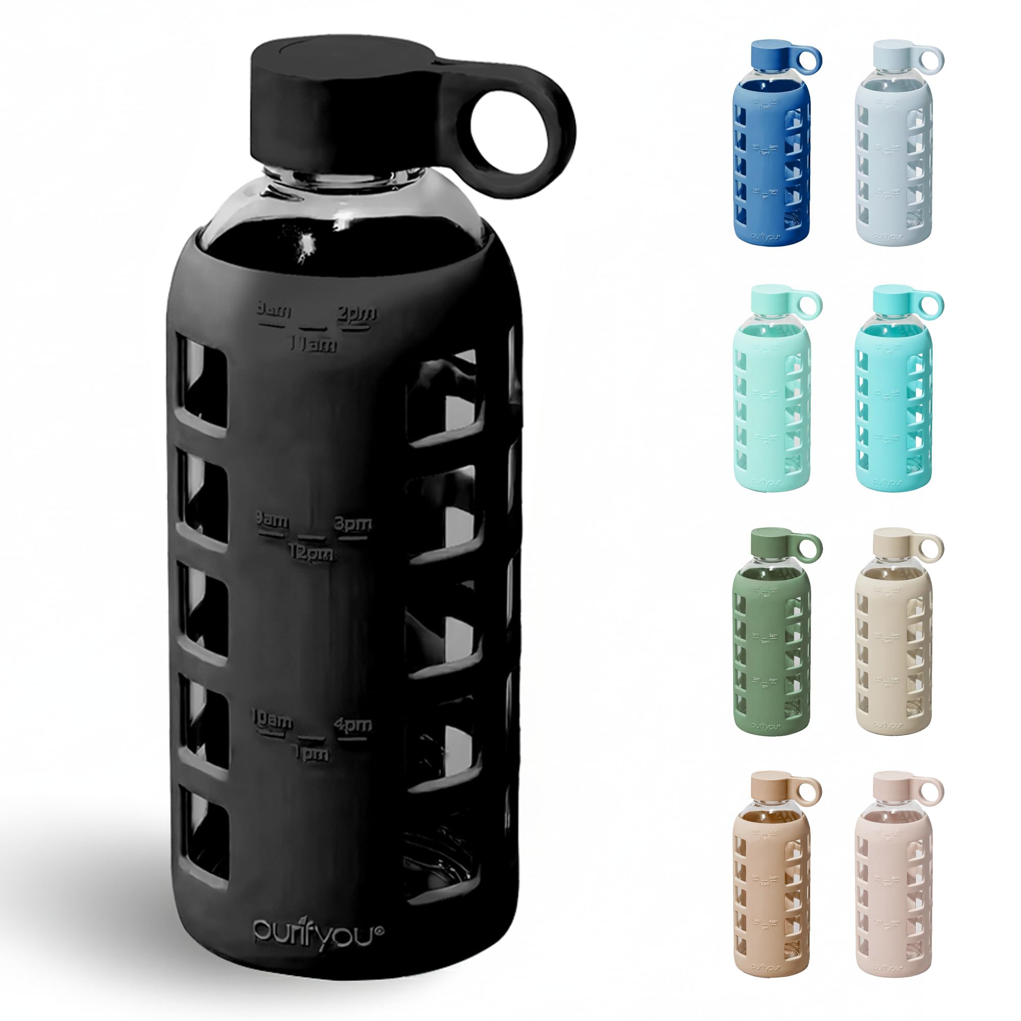 purifyou 40oz / 32oz / 22oz / 12oz Borosilicate Glass Water Bottle with Time & Volume Markers, Silicone Sleeve, Stainless Steel Lid | Reusable Glass