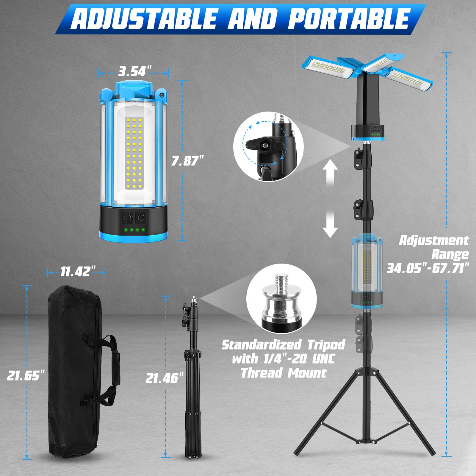 T-SUN Baustrahler LED mit Stativ, 6000K Wiederaufladbare Arbeitslicht mit 10400mAh Akku, Teleskopstativ und Tragetasche, Kabellose LED Arbeitsleuchte Akku Strahler Für Camping Garage Baustelle(Blau)