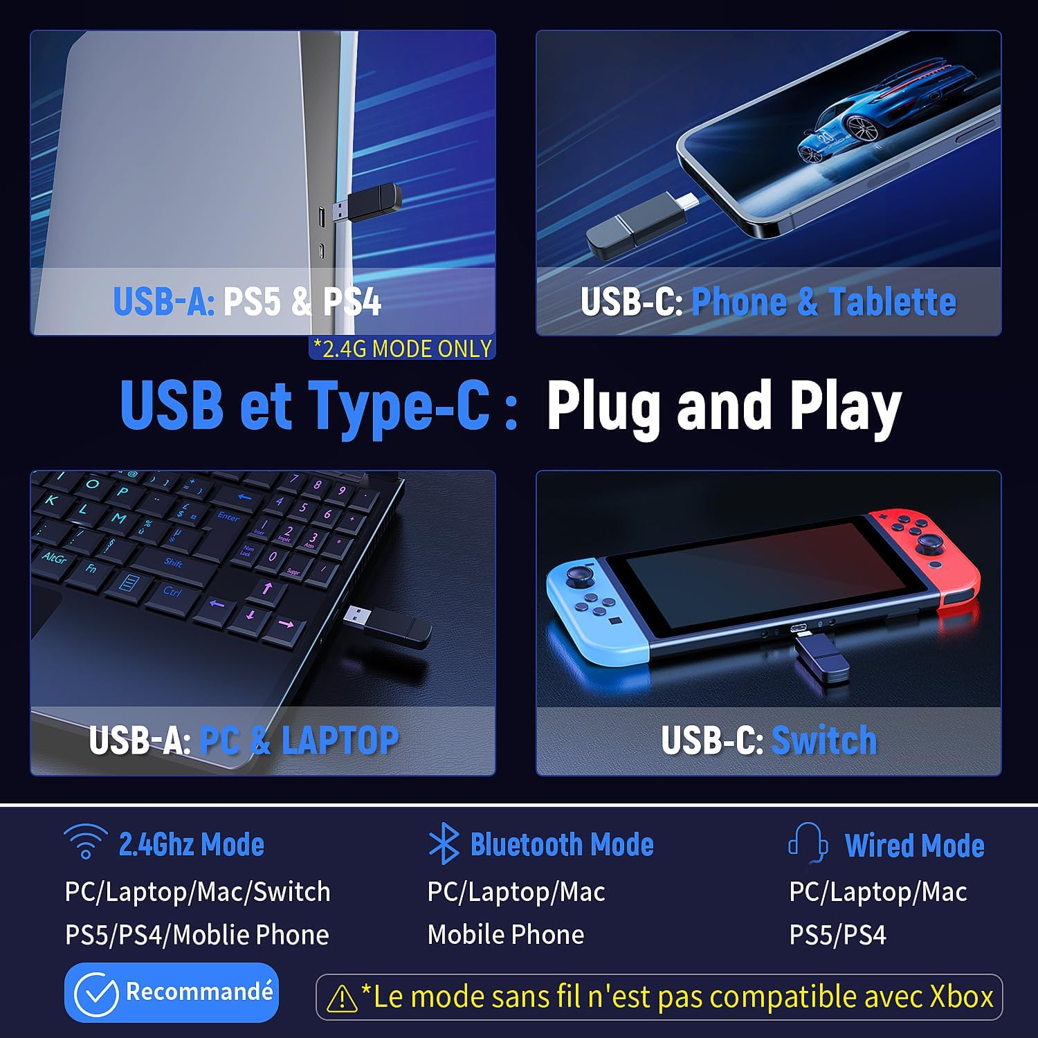 Tatybo - Auriculares Gaming Inalámbricos con Micrófono de Ruido Ambiental, 7.1 Sonido Envolvente, Batería de 35H, Transductores de 50 mm, Auriculares Transpirables para ps5 PC ps4 Switch