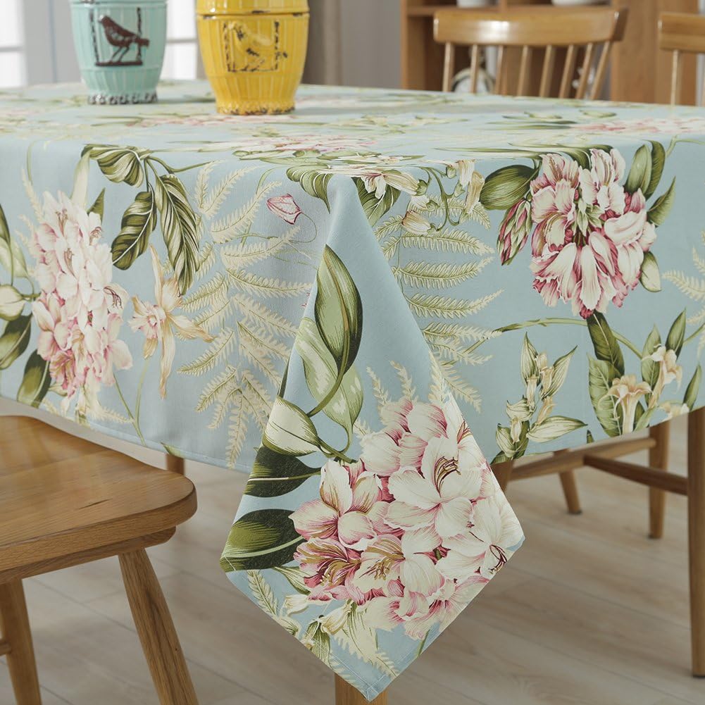 Tina's Vintage Floral Cotton Linen Rectangular Table Cover Dining Tablecloth 52"x70" Blue Tina-1212-5270-Blue