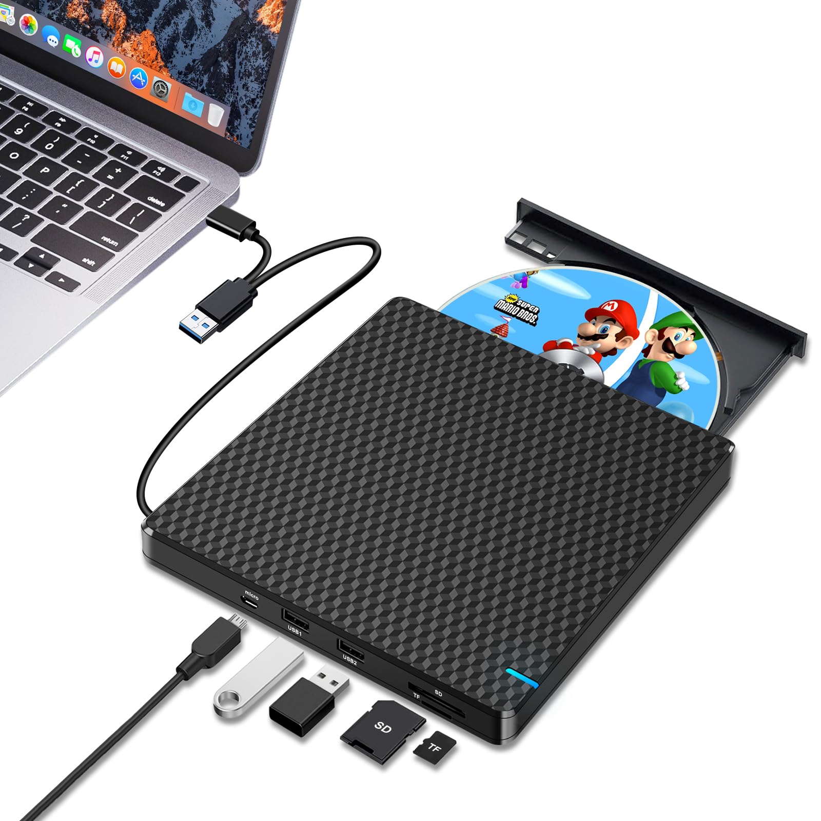 Guamar Lecteur CD DVD externe : graveur USB-C fin et portable pour ordinateur portable, PC, MacBook, Mac Windows 11/10 avec fente SD/TF/2 ports USB, transfert de données rapide – Plug & Play (noir)