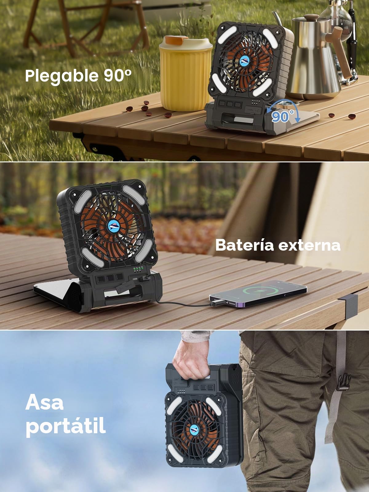 Smiling Shark Ventilador de Camping con LED, 6000mAh Batería Recargable 90° Plegable Solar Ventilador de acampar con luz 4 Velocidades & Power Bank Portátil Camping Fan with Light para Pescar Viajar