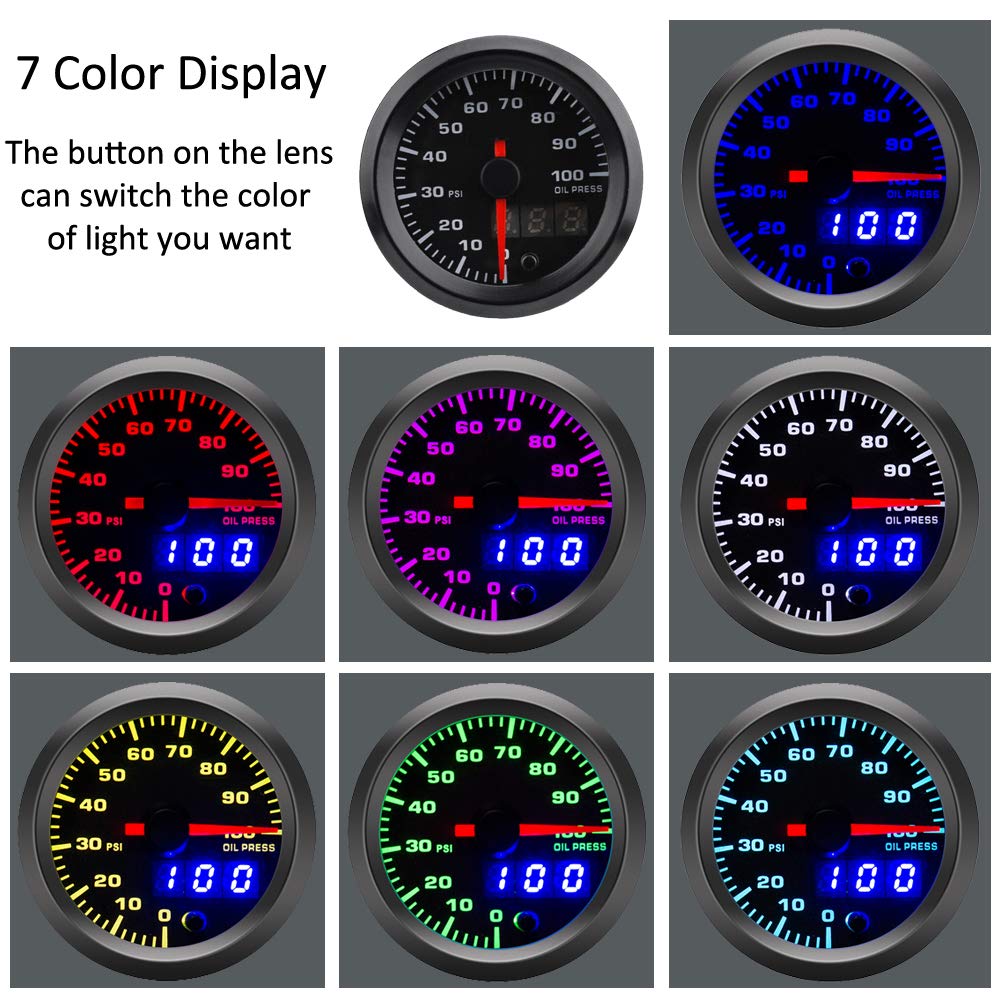 52mm Motore Auto Kit manometro dell'olio frantoio Puntatore Digitale Doppio Indicatore Luminoso a LED 7 Colori Universale