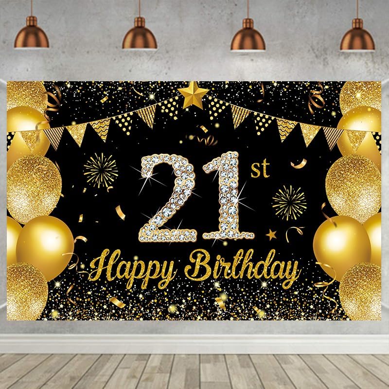 Miniatura 6 de Cartel de feliz cumpleaños 21 para decoración de fondo con 70.8 x 43.3 pulgadas, cartel brillante dorado de 21 cumpleaños para decoración de