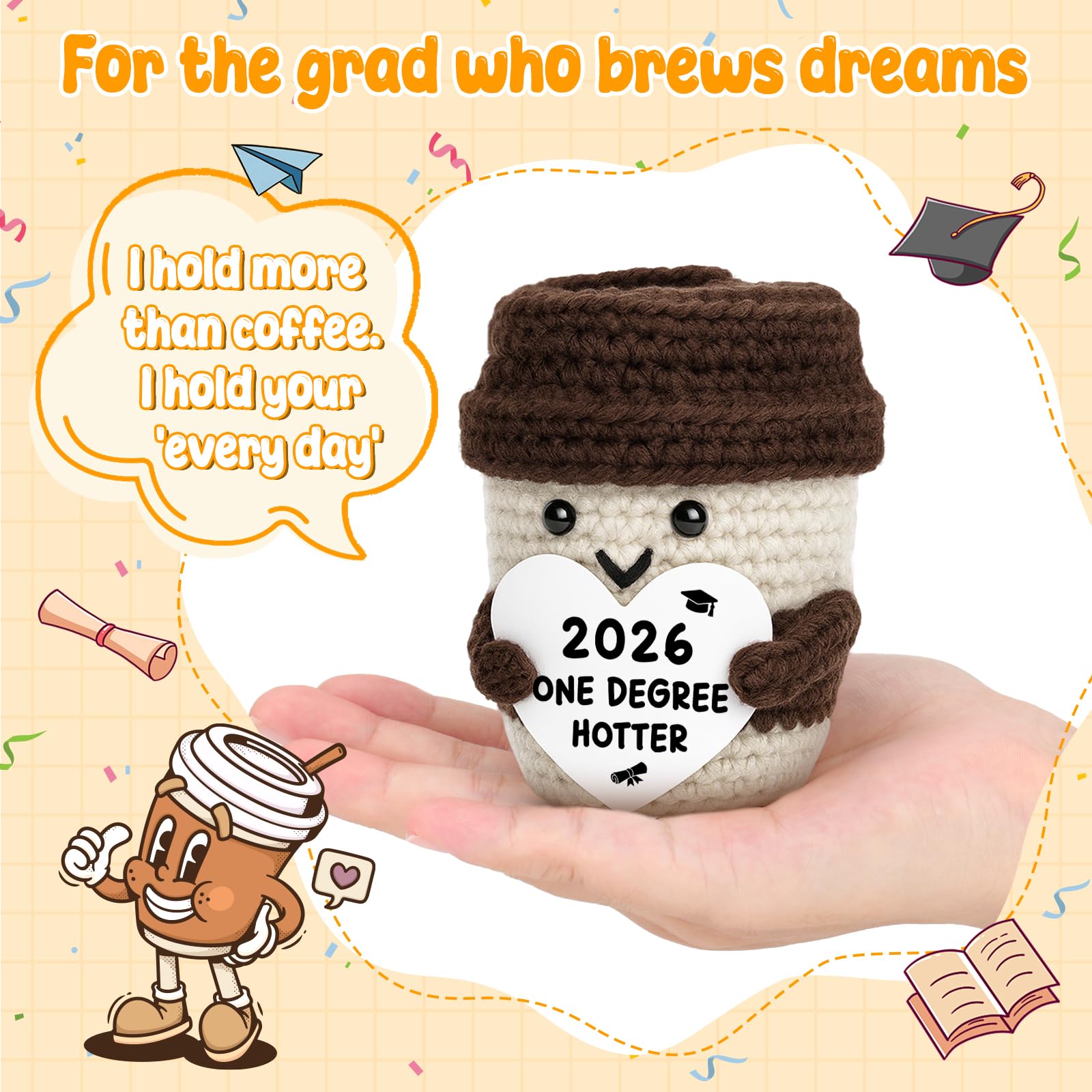 2026 Graduation Gifts for Her Him Funny Graduation Party Decorations Home Desk Decor Handmade Positive Crochet Coffee Mug - One Degree Hotter College High School University Grad Academy Masters Gifts