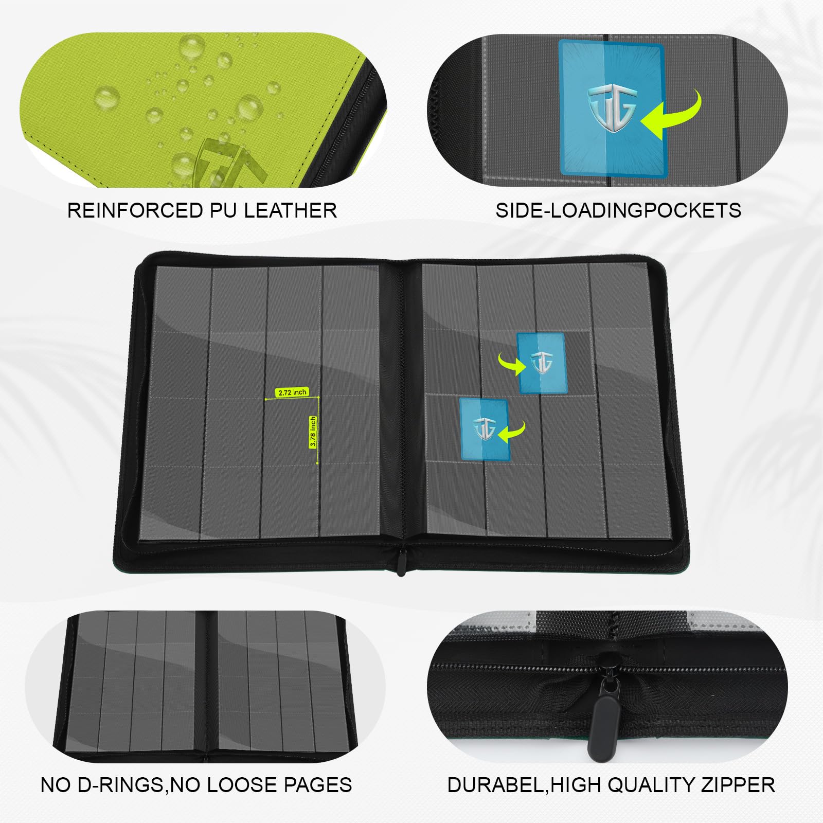 TCGUARD 16 Fächer Sammelkarten Album Reißverschluss Binder für 1000+ Karten | Karten Sammelalbum Groß Ordner | Sichere seitliche Ladetaschen | Kompatibel mit YuGiOh, MTG, Sportkarten, Apfelgrün