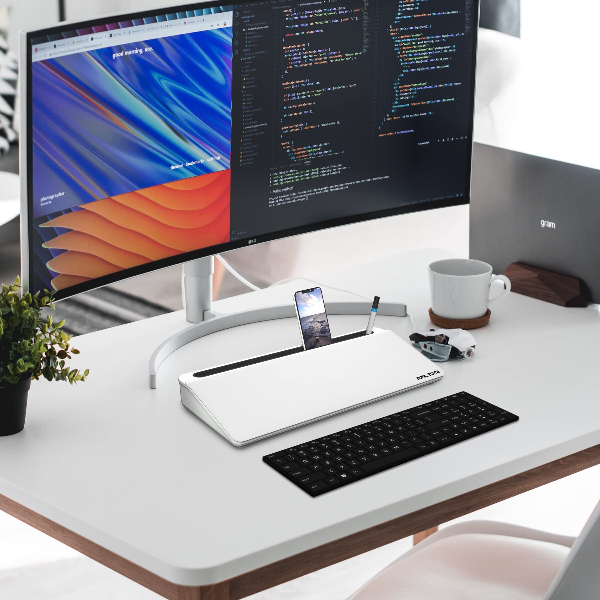 Petit Tableau Blanc de Bureau en Verre avec Boite de Rangement, Effaçable à Sec pour Notes et Rappels – Remplace les Notes Autocollantes, Organiseur de Bureau Compact Entre l'Écran et le Clavier