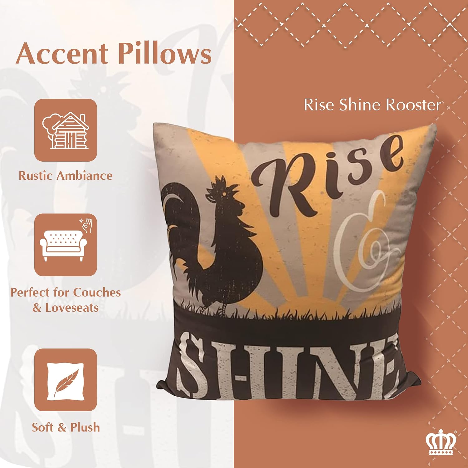 VIRAH BELLA Throw Pillow Rise and Shine Rooster - 18" x 18" Decorative Accent Pillow - Lodge & Farmhouse Couch Décor