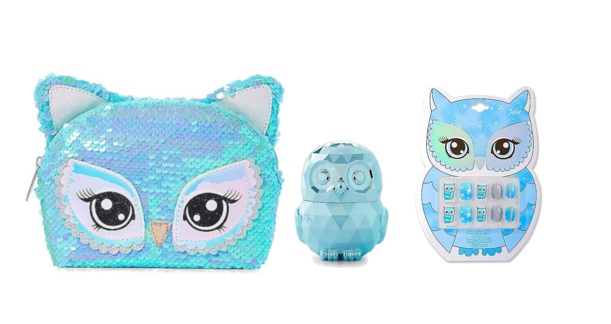 Justice For Girls Owl 3pc Sequin Cosmetic Gift Set Lip Gloss Nails Bag