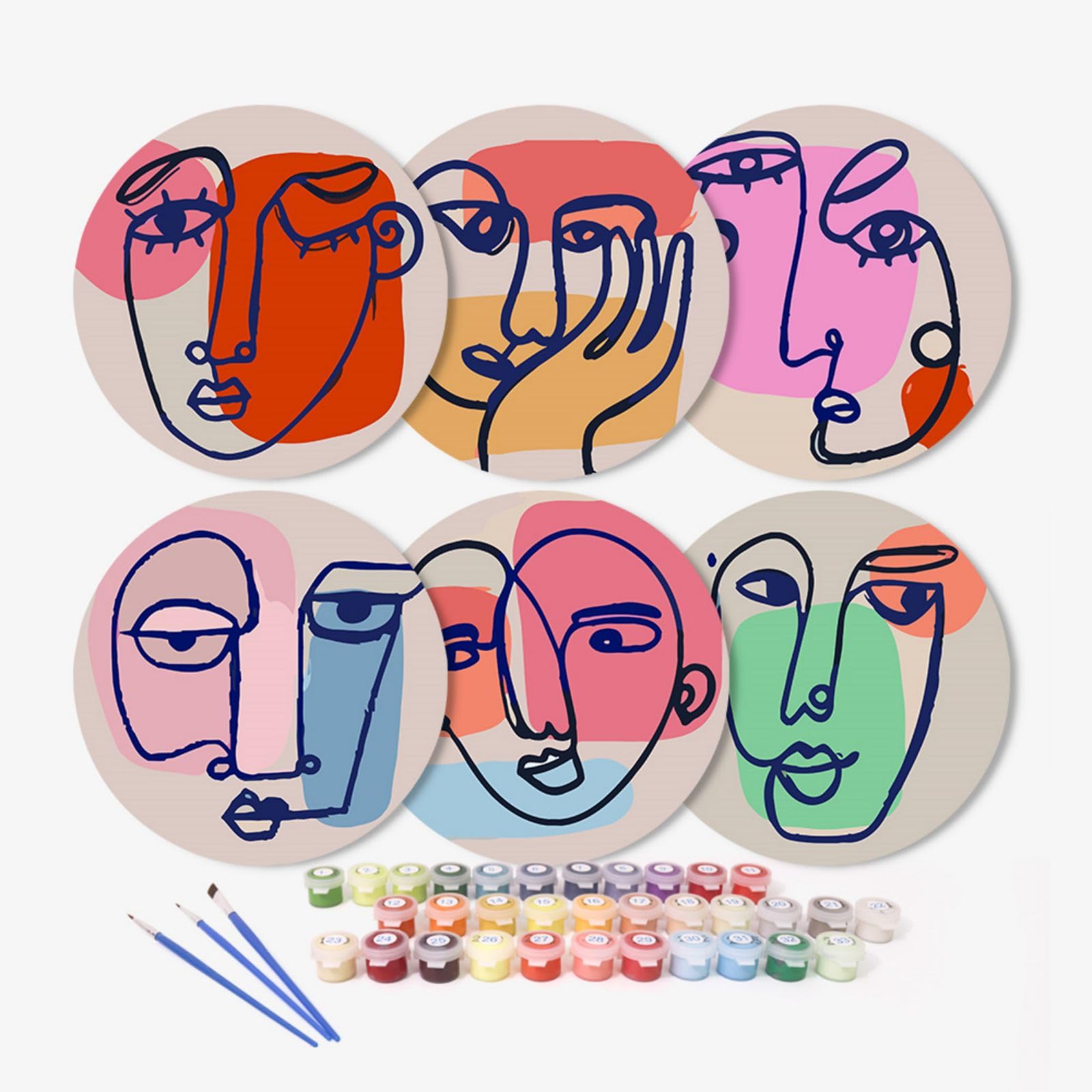 6 Pcs Paint by Numbers Coasters Kits with Holder, DIY Paint by Numbers Coasters for Adults Beginners, Coasters with Brushes Acrylic Paint, Paint by Numbers Kits Craft -32-Face — image 1