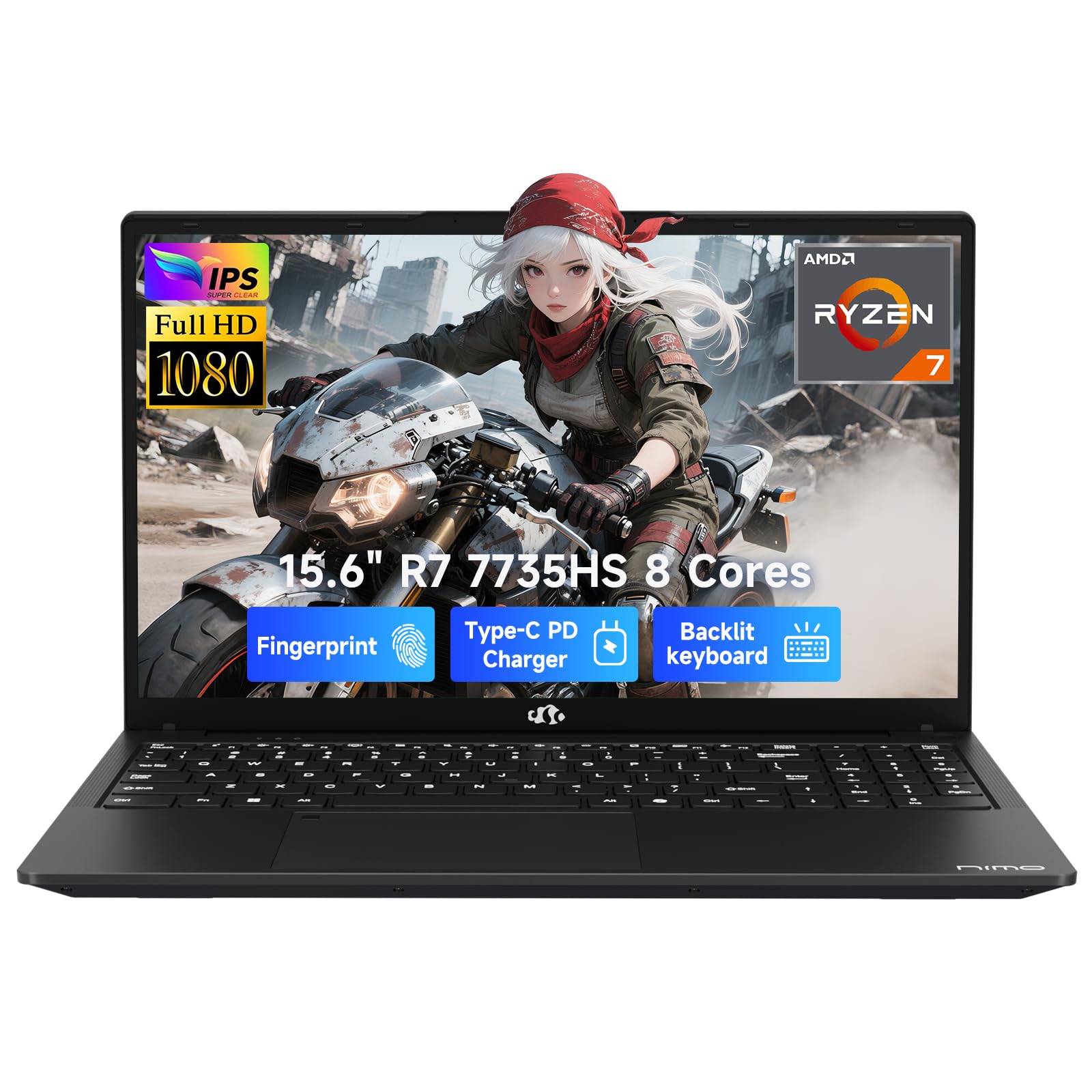 NIMO 15.6" IPS FHD-Gaming-Laptop, AMD 8 Cores Ryzen 7 7735HS 16GB DDR5 RAM 1TB SSD (Beats i7-12650H) Computer with Radeon 680M 100W Type-C Backlit Keyboard Fingerprint, for Gaming Business
