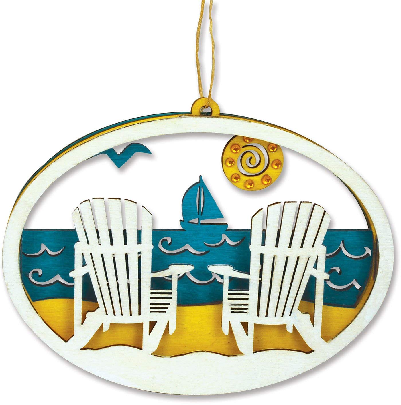 Ornement scène de plage 12,1 cm et chaises en bois découpé au laser : idée cadeau souvenir océan